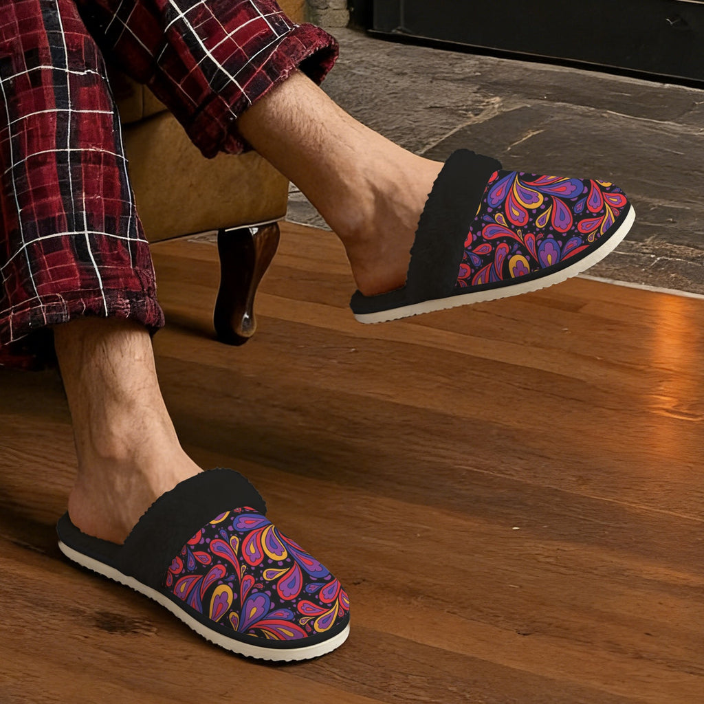 Paisley Swirl Men's Fur Trim Thick-Sole Indoor Slippers Men's Fur Trimmed Slippers Printed Offshore