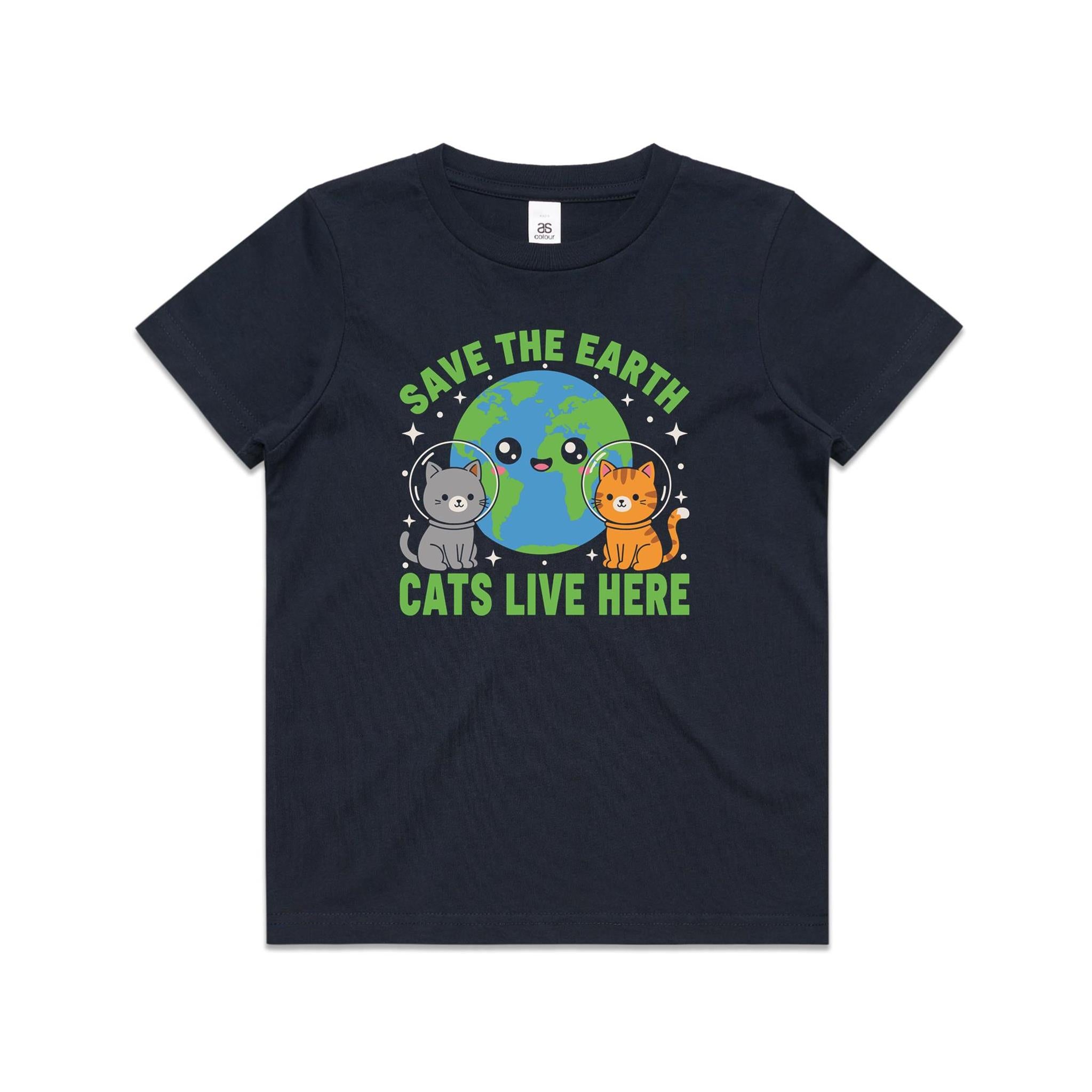 Save The Earth, Cats Live Here - Kid's AS Colour T-shirt Navy Kids Youth T-shirt animal Environment Printed In Australia