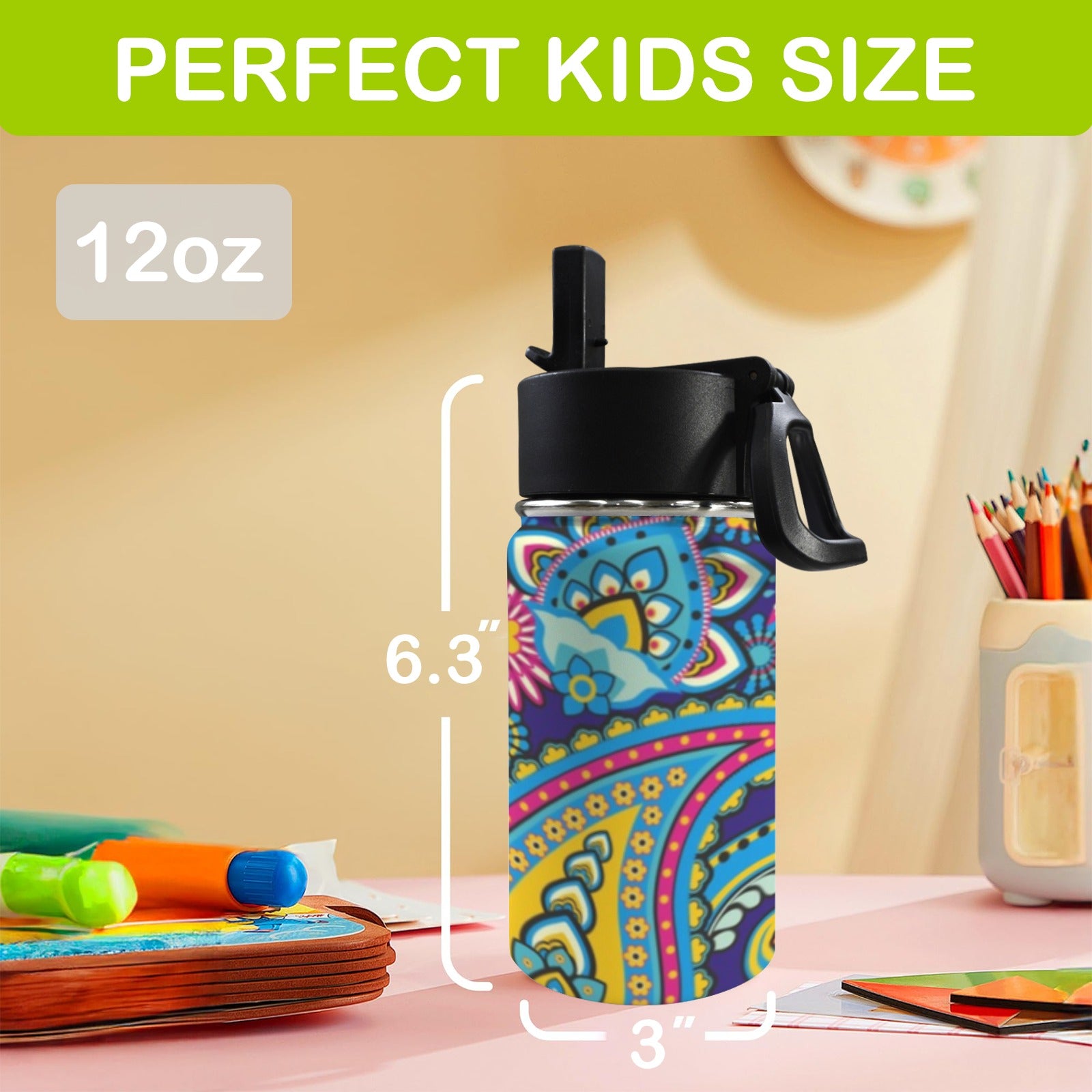 Bright Paisley 12oz Kids Water Bottle with Straw Lid