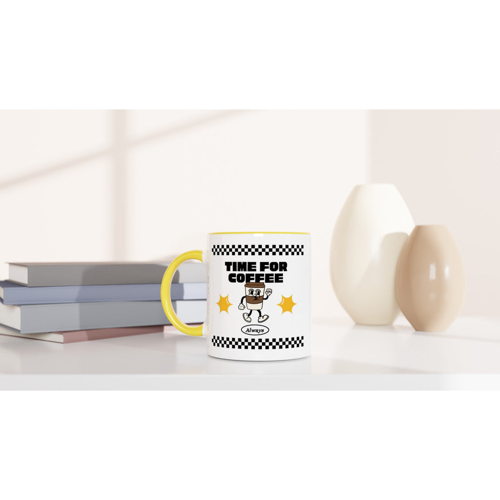 Time For Coffee, Always - White 11oz Ceramic Mug with Colour Inside Colour 11oz Mug coffee Globally Fulfilled retro