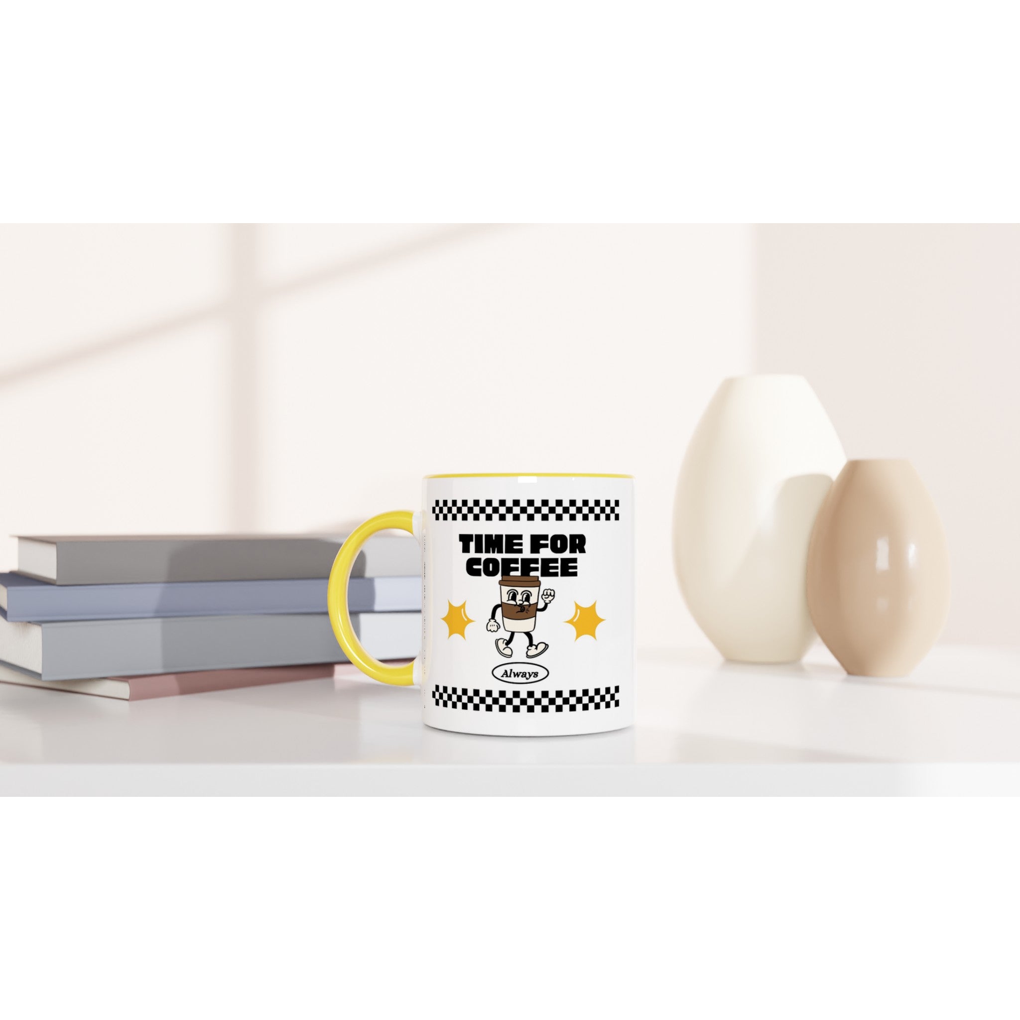 Time For Coffee, Always - White 11oz Ceramic Mug with Colour Inside Colour 11oz Mug coffee Globally Fulfilled retro