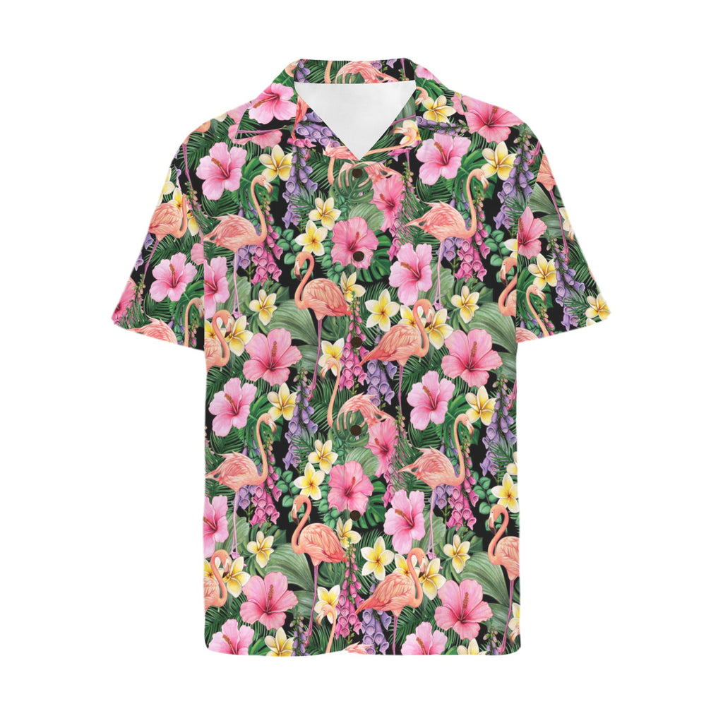 Flamingo Jungle Men's Short Sleeve Hawaiian Shirt Men's Hawaiian Shirt (New) animal Plants Printed Offshore