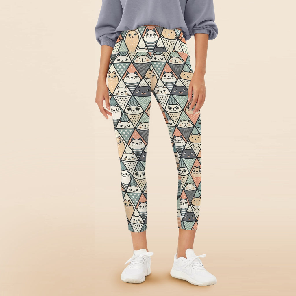 Diamond Cat Pattern - Women's High Waist Pockets Yoga Leggings