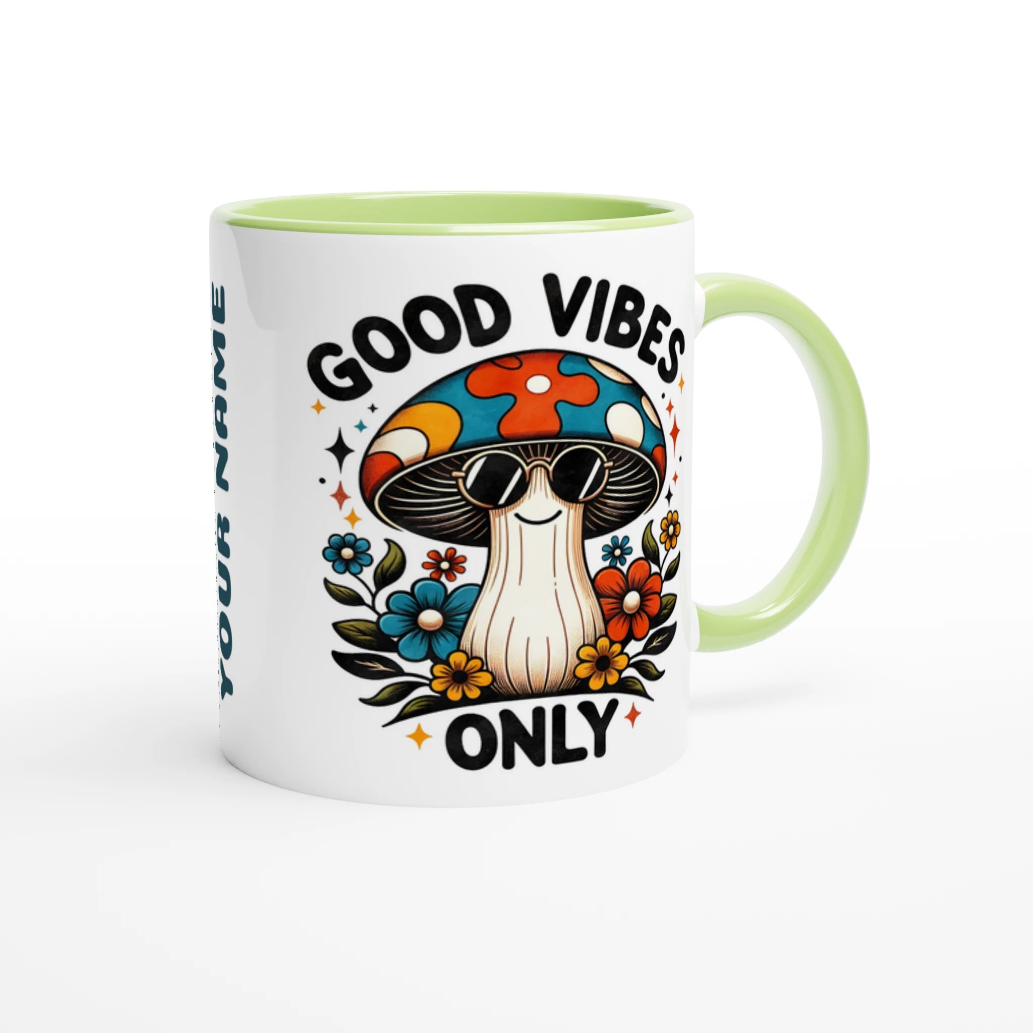 Personalised Good Vibes Only, Hippie Mushroom With Sunglasses 11oz Ceramic Mug Personalised 11oz Mug Globally Fulfilled Positivity