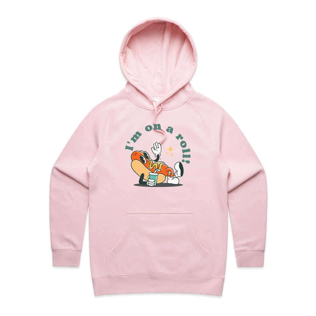 Hotdog, I'm On A Roll - Womens Hoodie Pink Womens Hoodie Food Printed In Australia