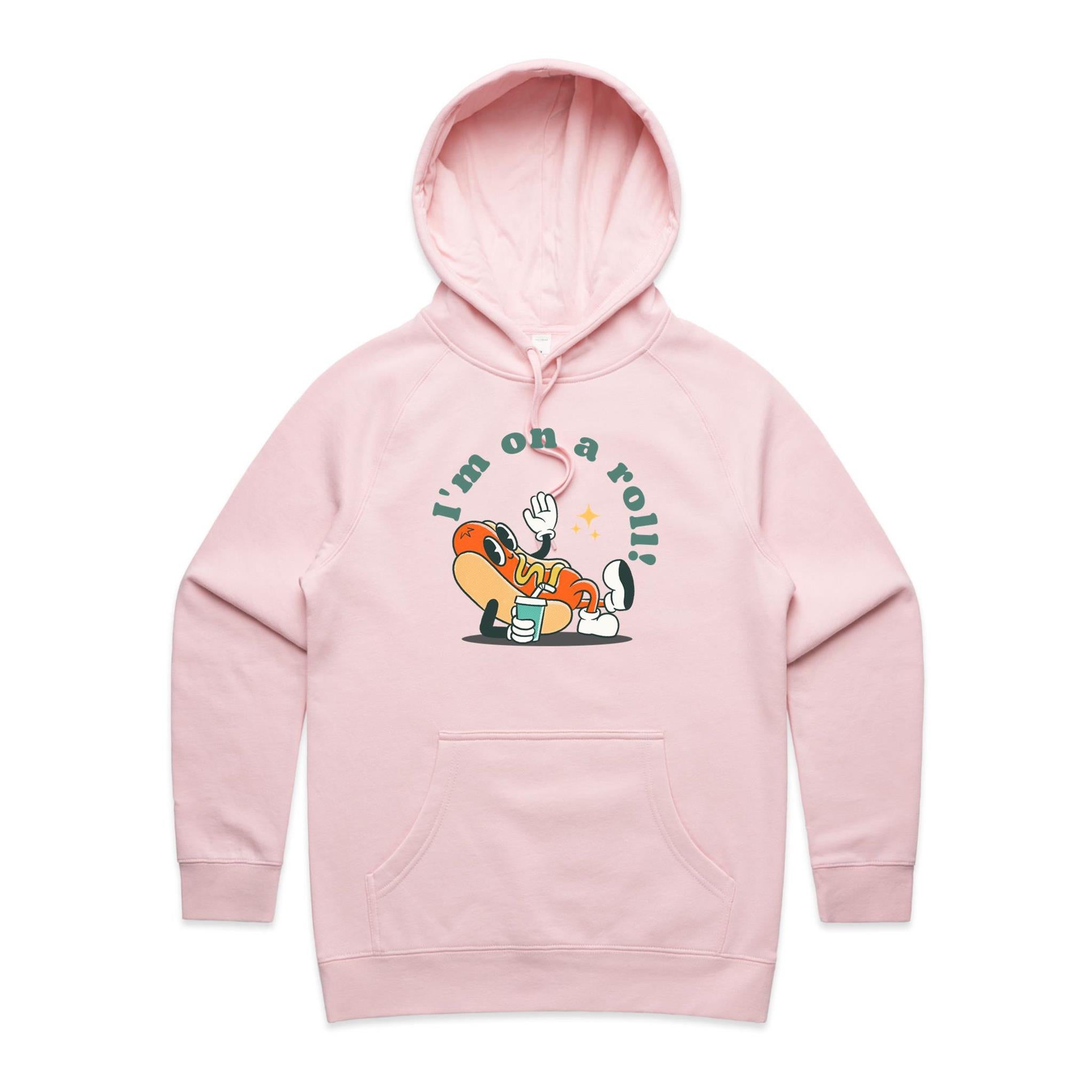 Hotdog, I'm On A Roll - Womens Hoodie Pink Womens Hoodie Food Printed In Australia