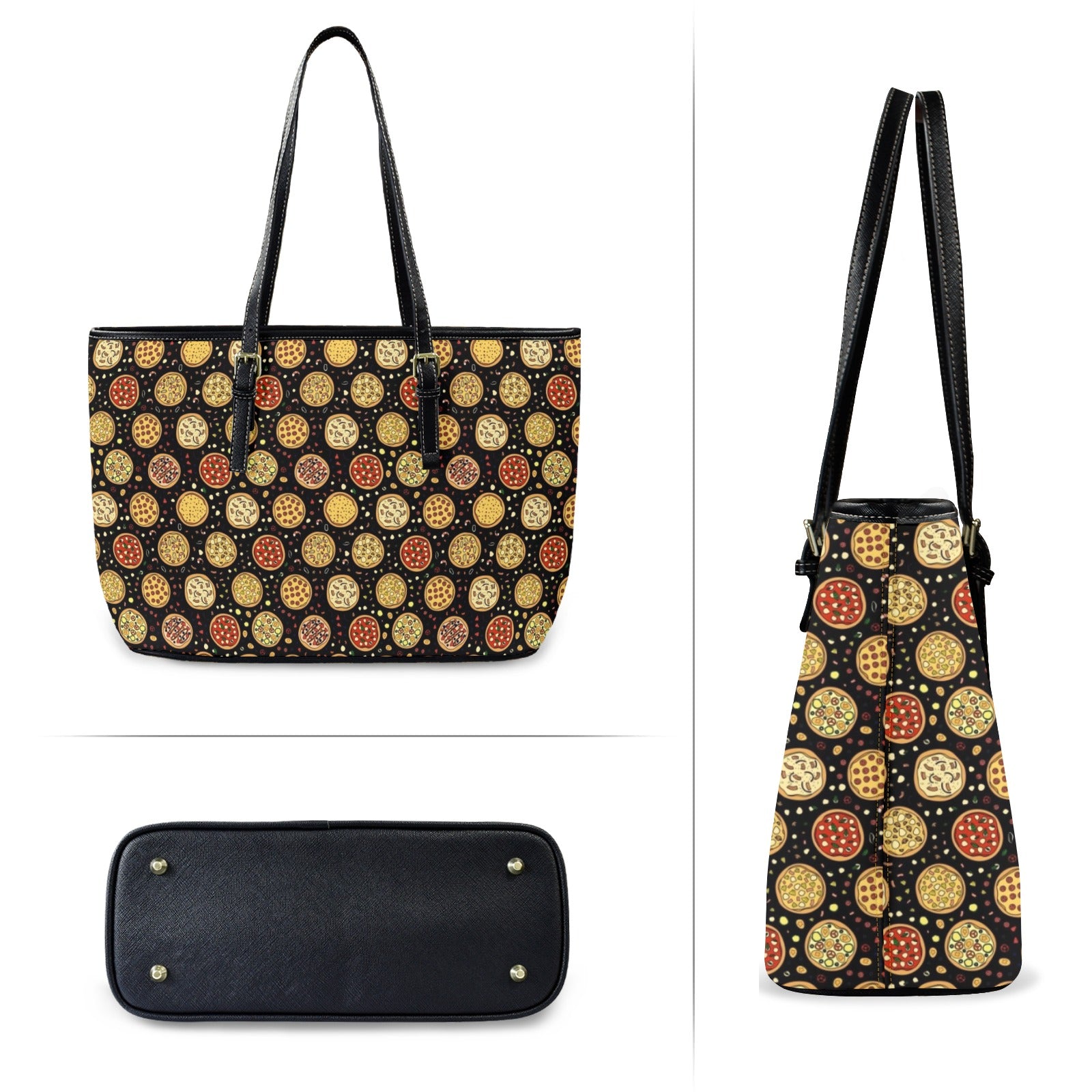 Round Pizzas On Black - PU Leather Tote Bag - Large