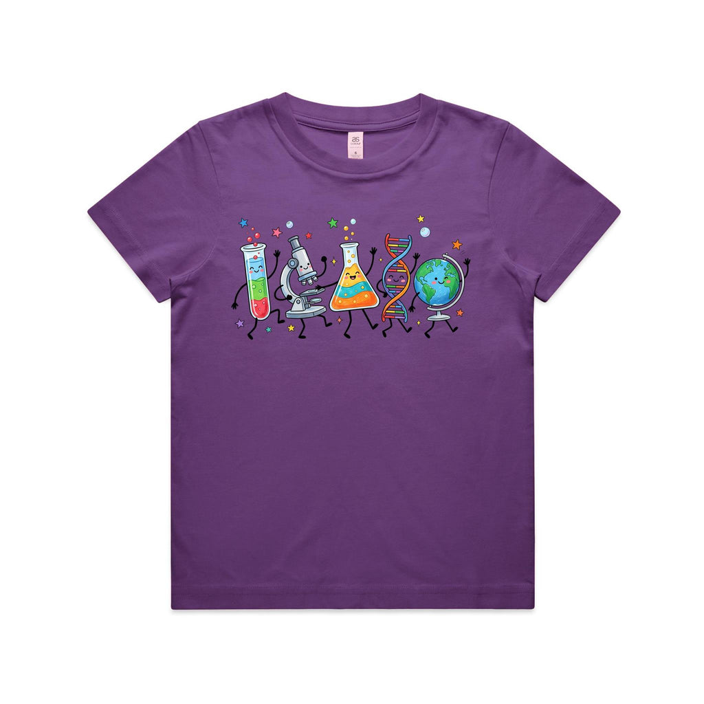 Science Characters Kids AS Colour T-shirt Purple Kids Youth T-shirt Printed In Australia Science