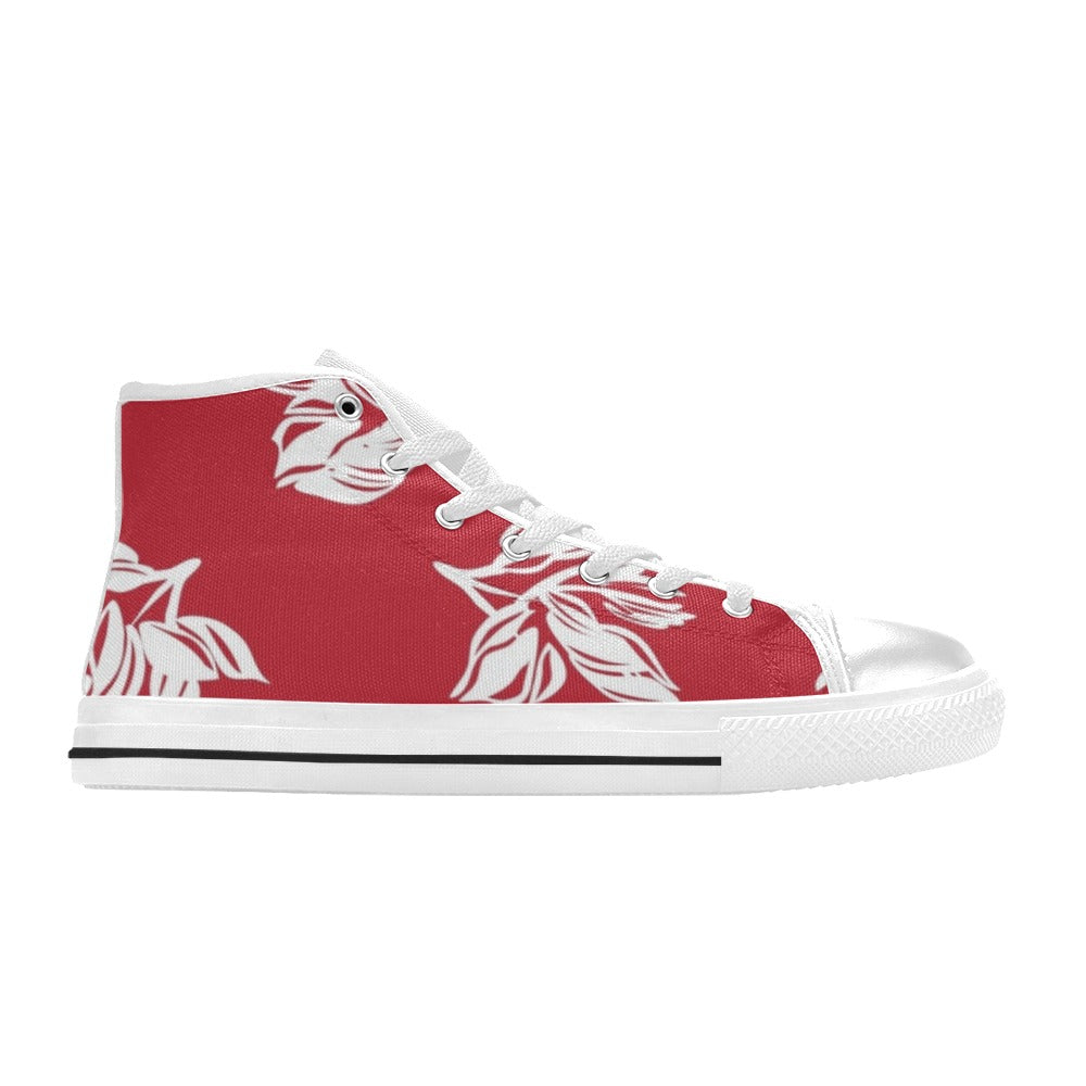Red Retro Foliage, Hawaiian Flower - Kids High Top Canvas Shoes