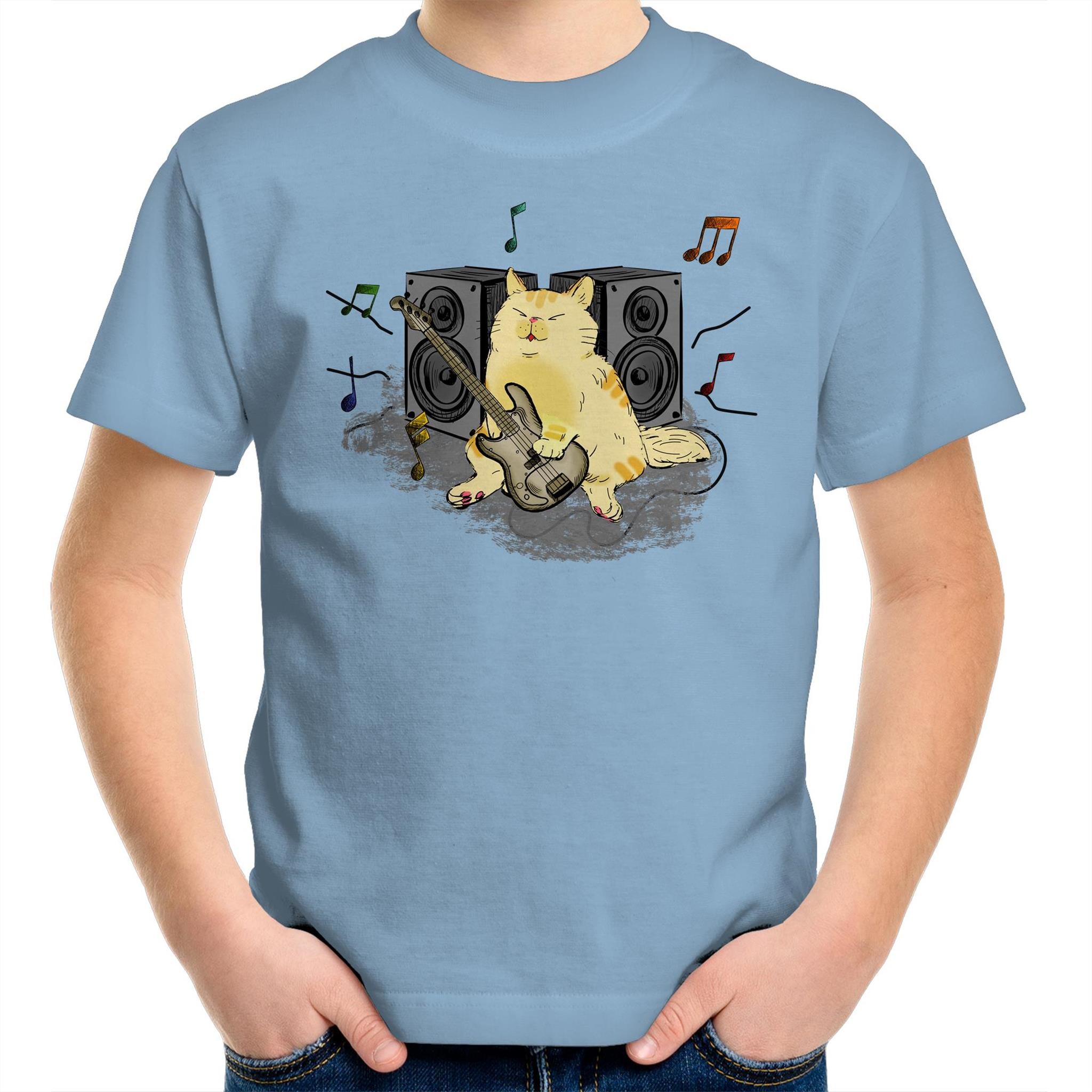 Cat Bass Player - Kids Youth T-Shirt Carolina Blue Kids Youth T-shirt animal Music Printed In Australia