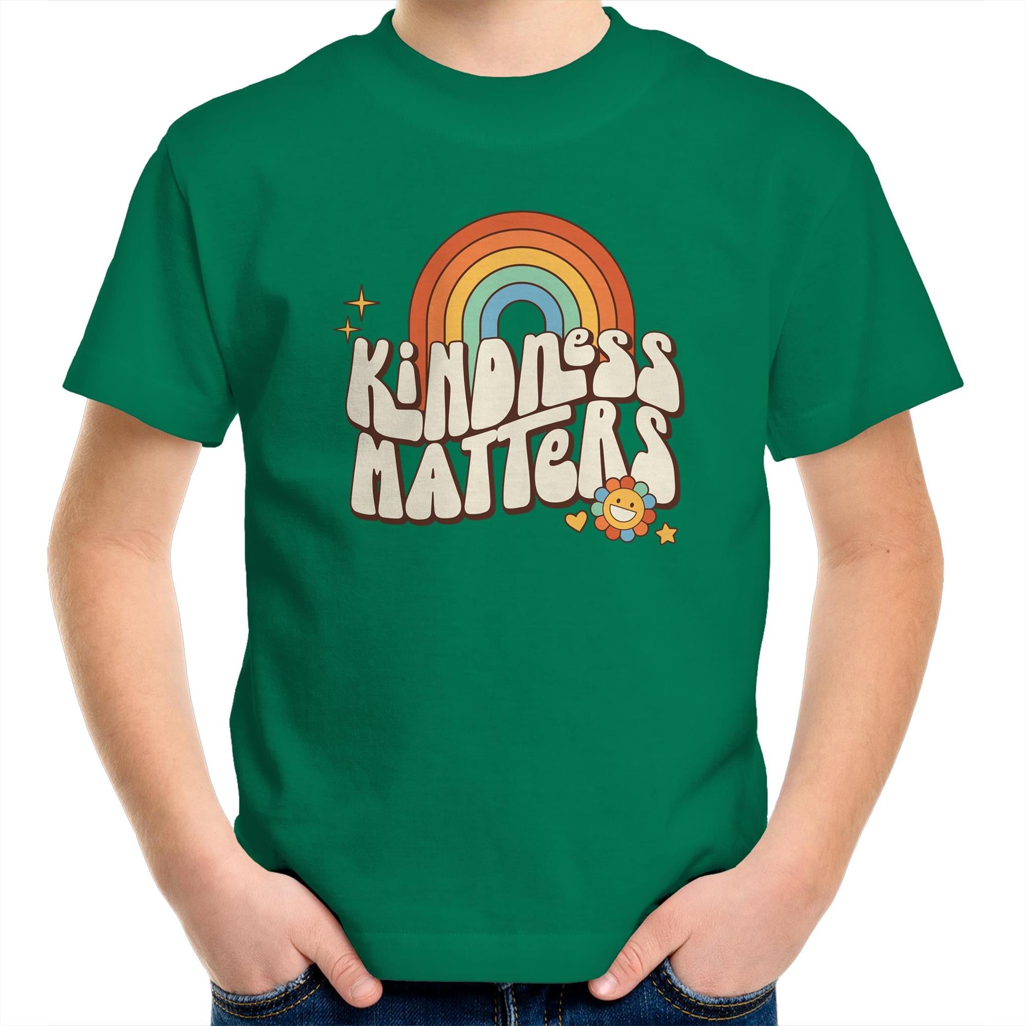 Kindness Matters - Kids Youth T-Shirt Kelly Green Kids Youth T-shirt Kindness Positivity Printed In Australia Retro
