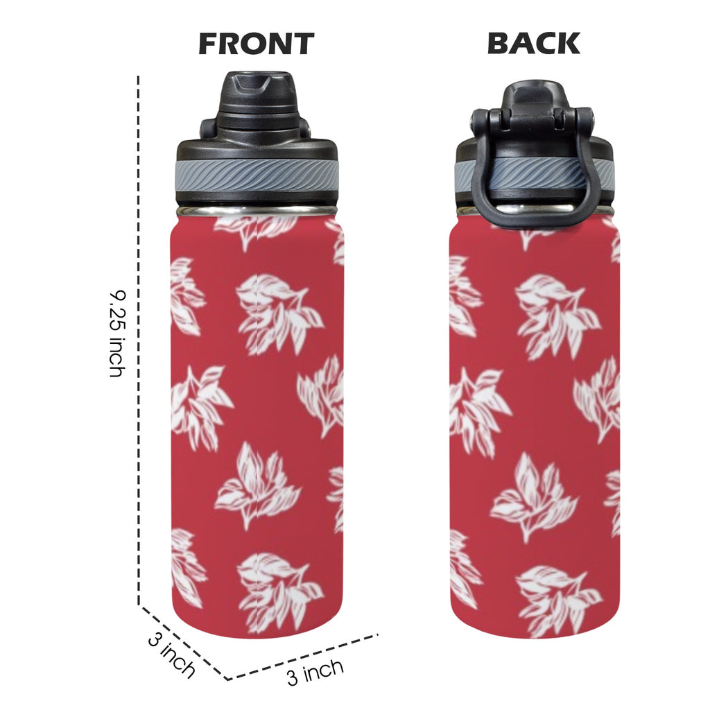 Red Retro Foliage, Hawaiian Flower - Insulated Water Bottle with Dual-Use Lid (18oz) Insulated Water Bottle with Dual-Use Lid (18oz) Printed Offshore Surf