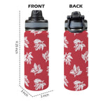 Red Retro Foliage, Hawaiian Flower - Insulated Water Bottle with Dual-Use Lid (18oz) Insulated Water Bottle with Dual-Use Lid (18oz) Printed Offshore Surf