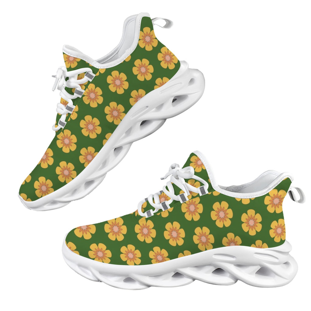 Yellow Flowers On Green Women's Twisted Sole Sneakers US12 Twisted Sole Sneakers for Women Plants Printed Offshore Retro