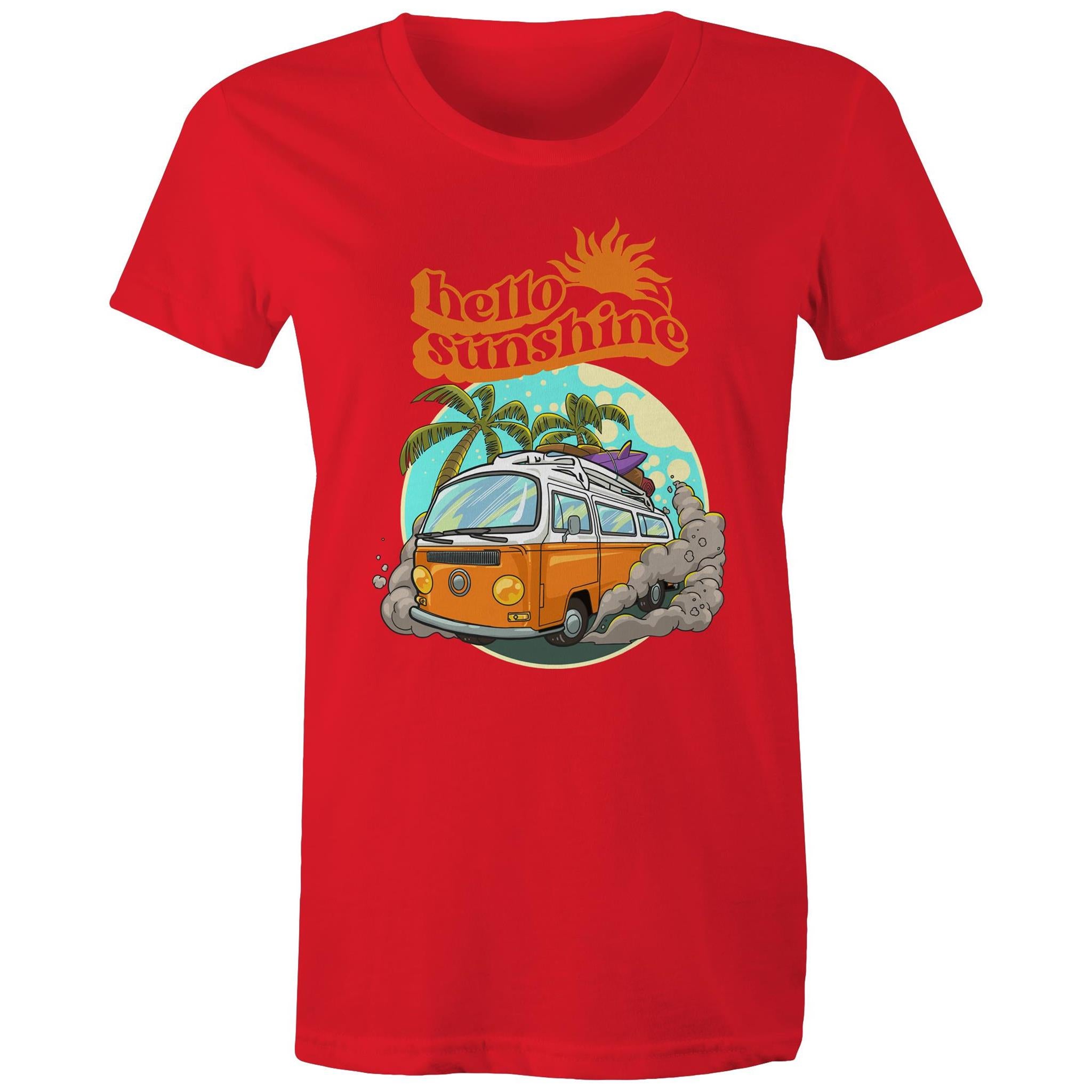 Hello Sunshine, Beach Van - Womens T-shirt Red Womens T-shirt Printed In Australia Summer Surf