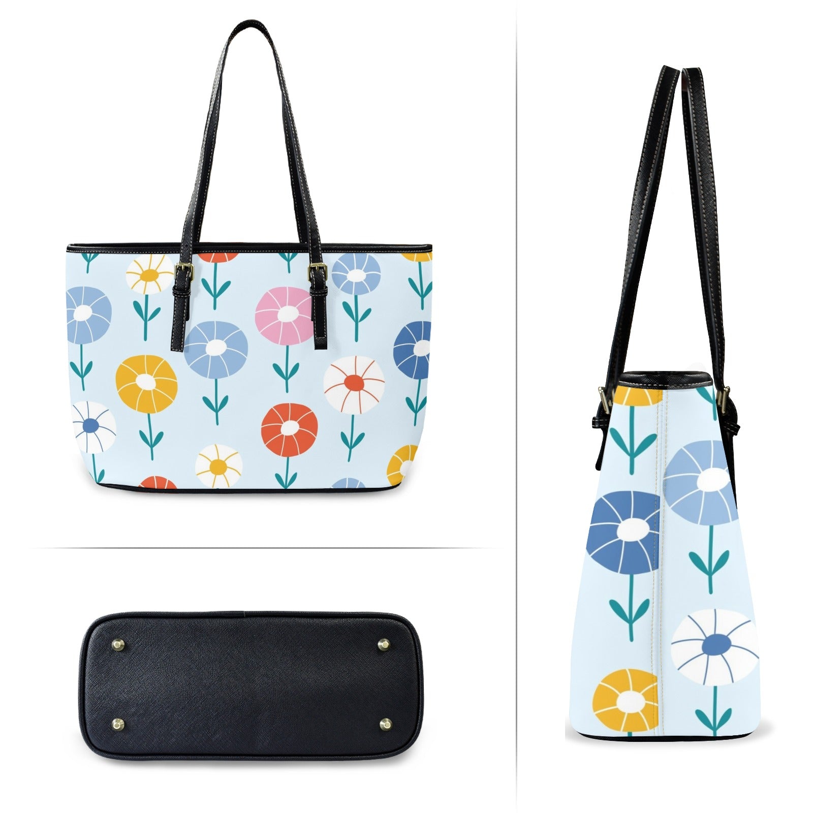 Abstract Cute Flowers PU Leather Tote Bag Large