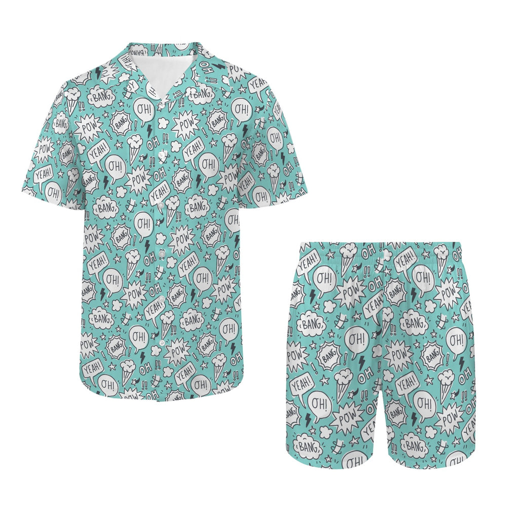Comic Book Speech Bubbles Men's Hawaiian Shirt & Shorts Set Men's Hawaiian Shirt & Shorts Set comic Printed Offshore