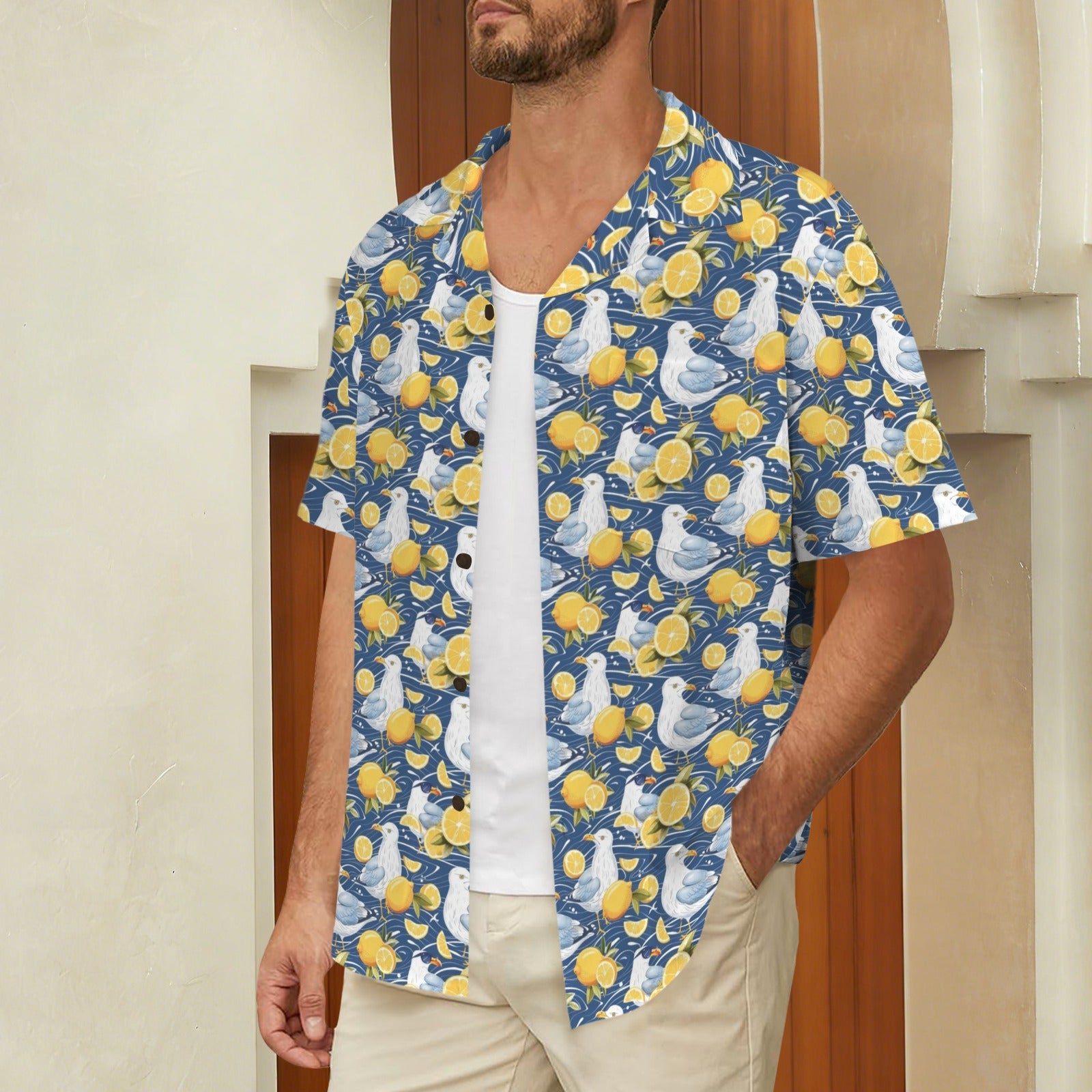 Lemon Seagull - Men's Short Sleeve Hawaiian Shirt Men's Hawaiian Shirt (New) animal Printed Offshore