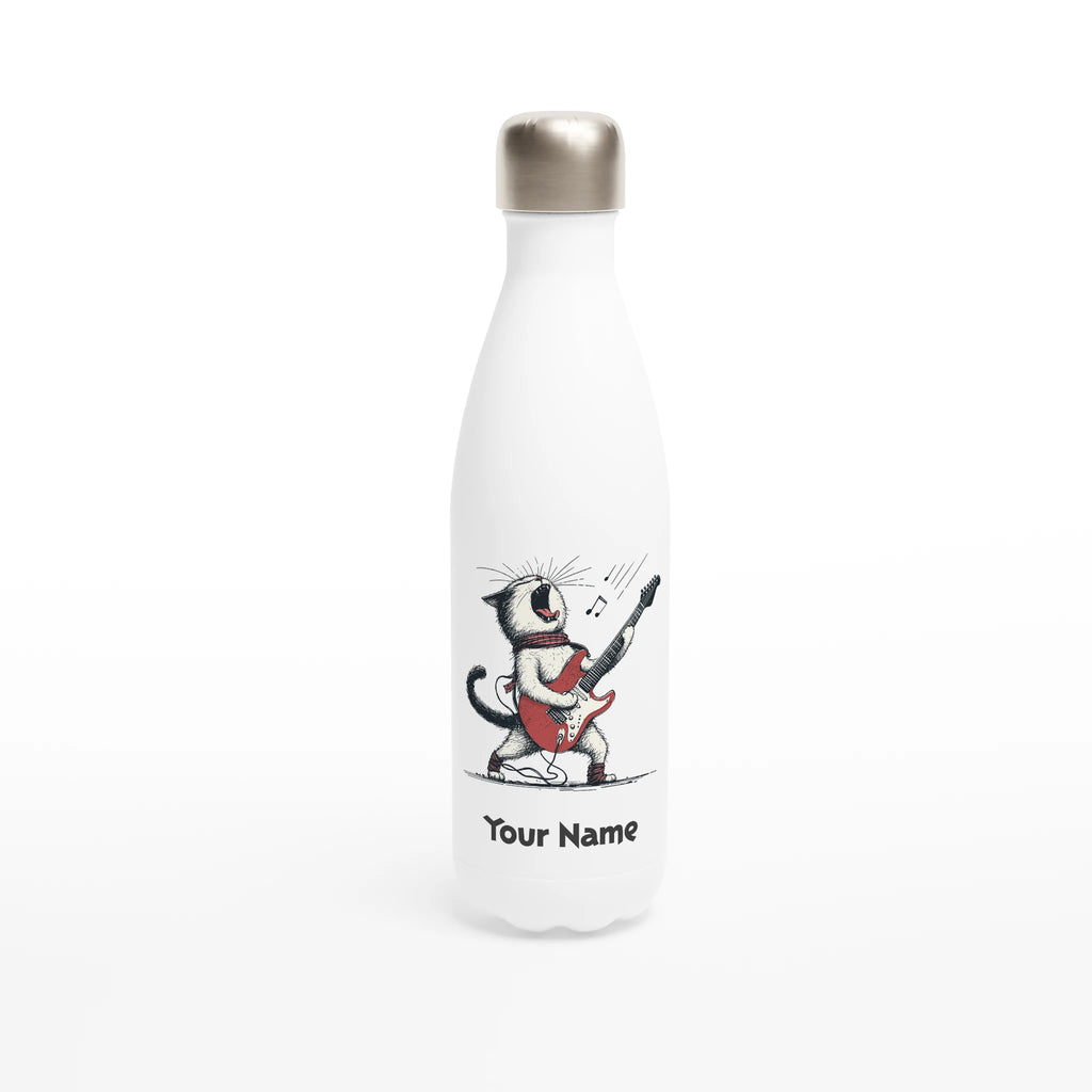 Personalised - Cat Playing Guitar - White 17oz Stainless Steel Water Bottle Default Title Personalised Water Bottle animal Globally Fulfilled Music