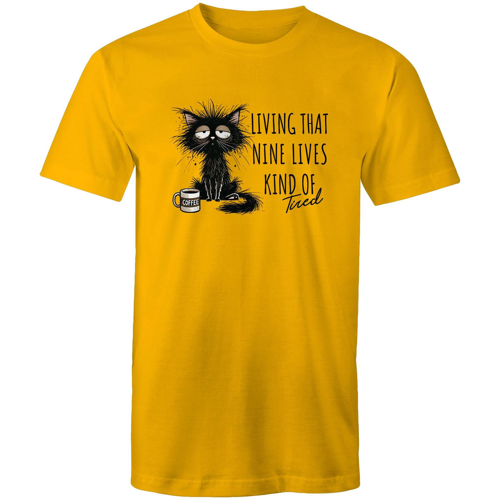 Living That Nine Lives Kind Of Tired, Frazzled Cat - Mens T-Shirt Gold Mens T-shirt animal Coffee Printed In Australia