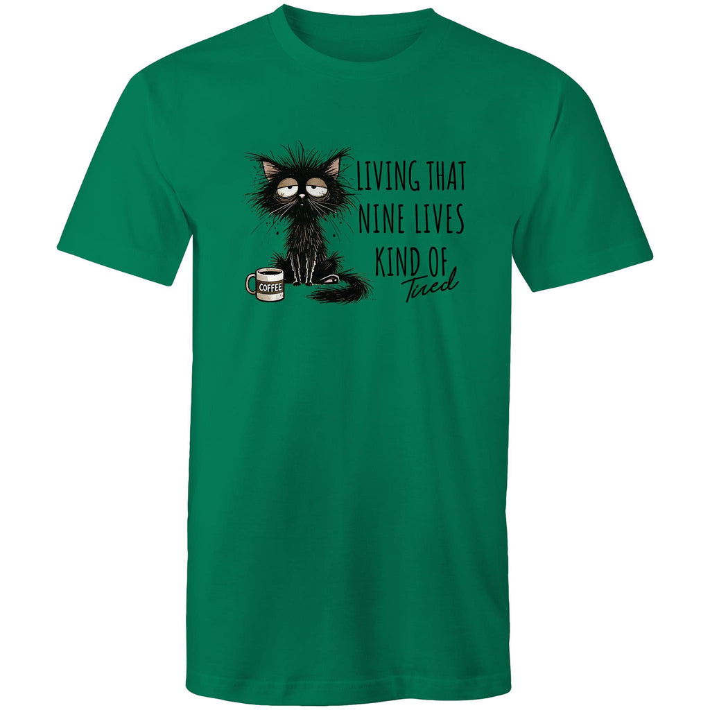 Living That Nine Lives Kind Of Tired, Frazzled Cat - Mens T-Shirt Kelly Green Mens T-shirt animal Coffee Printed In Australia