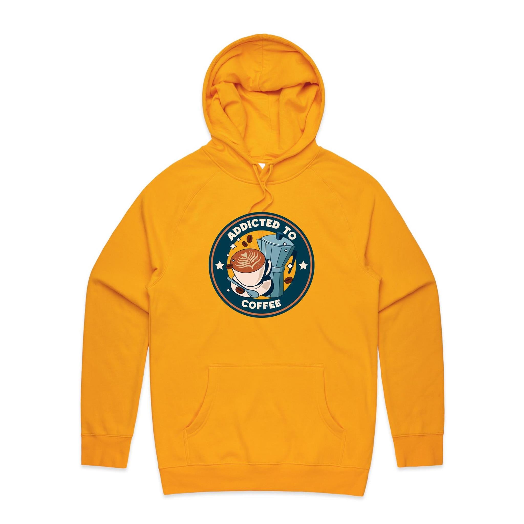 Addicted To Coffee - Mens Hoodie Gold Mens Hoodie Coffee Printed In Australia