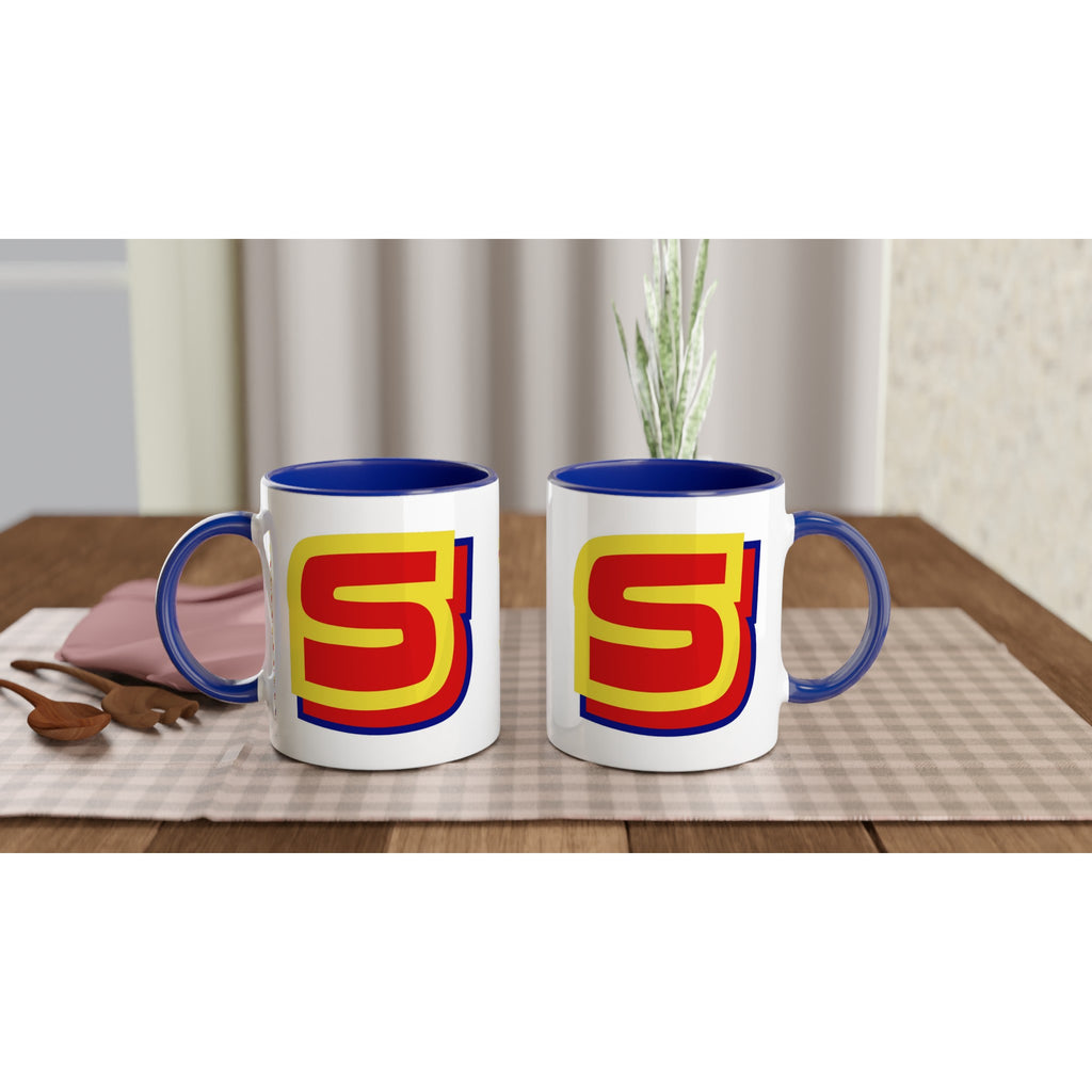 Personalised - Superhero Initial - White 11oz Ceramic Mug with Color Inside Personalised 11oz Mug customise Globally Fulfilled Name personalise