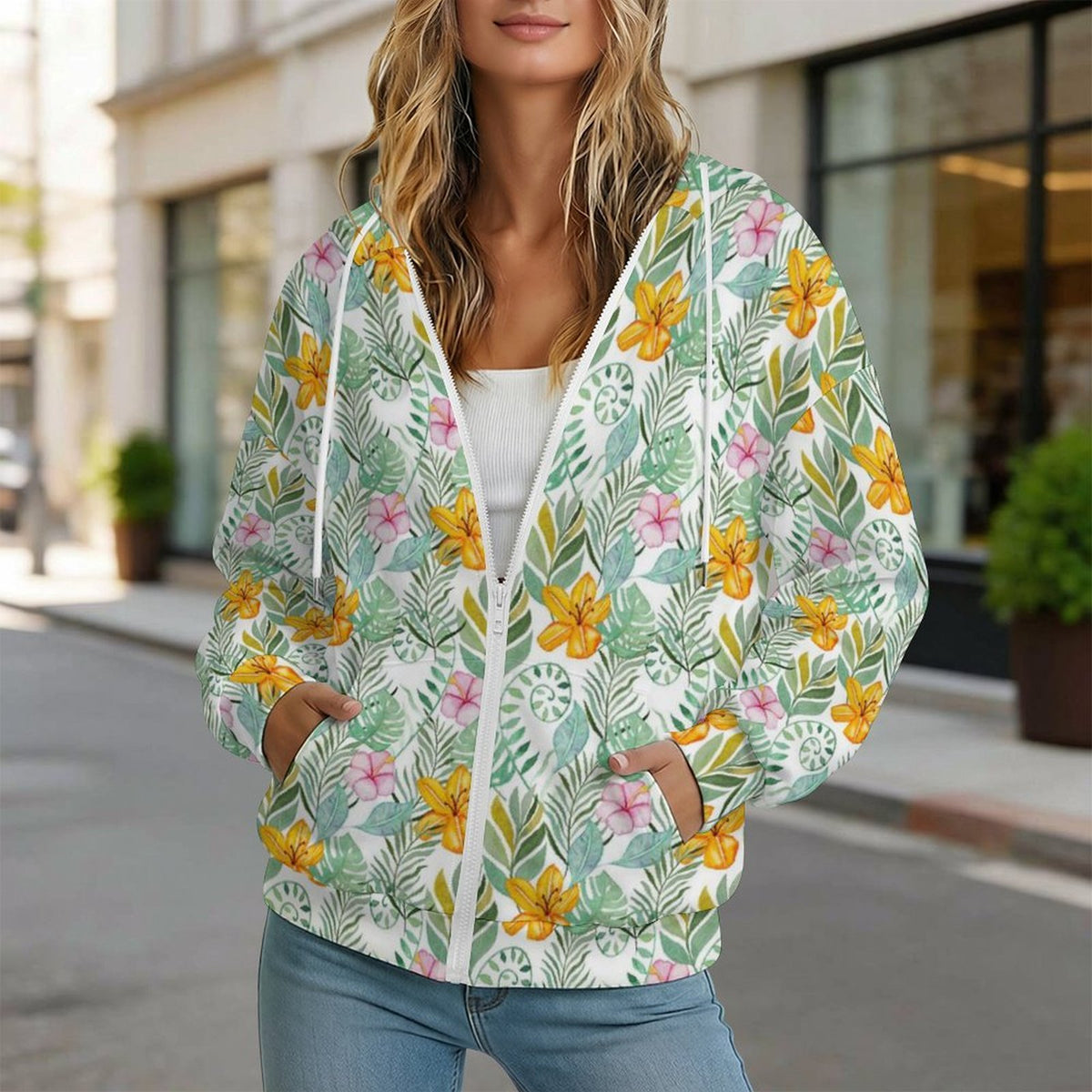 Tropical Flowers And Leaves Women's Full-Zip Hoodie
