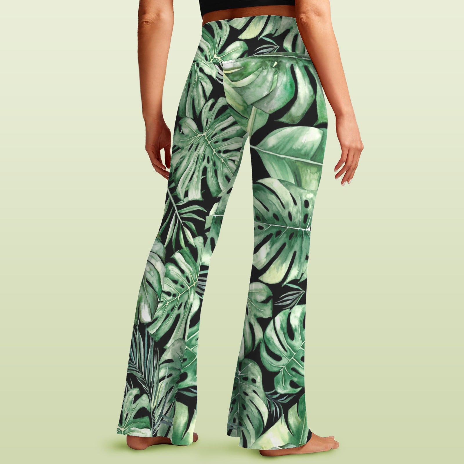 Jungle Leaves High Waist Crossover Tummy Control Flare Leggings High Waist Flare Leggings Plants Printed Offshore