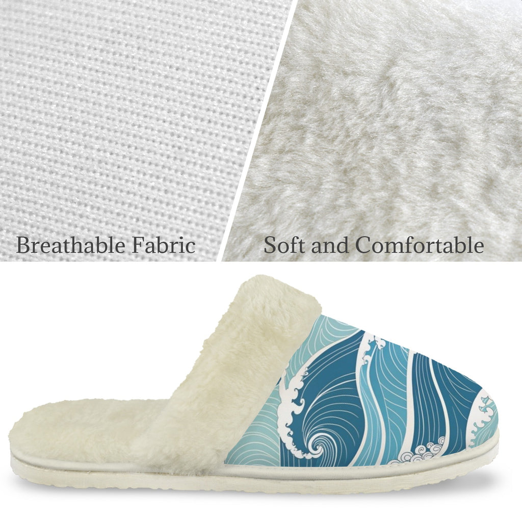 Ocean Waves Men's Fur Trim Thick-Sole Indoor Slippers Men's Fur Trimmed Slippers Ocean Printed Offshore Surf