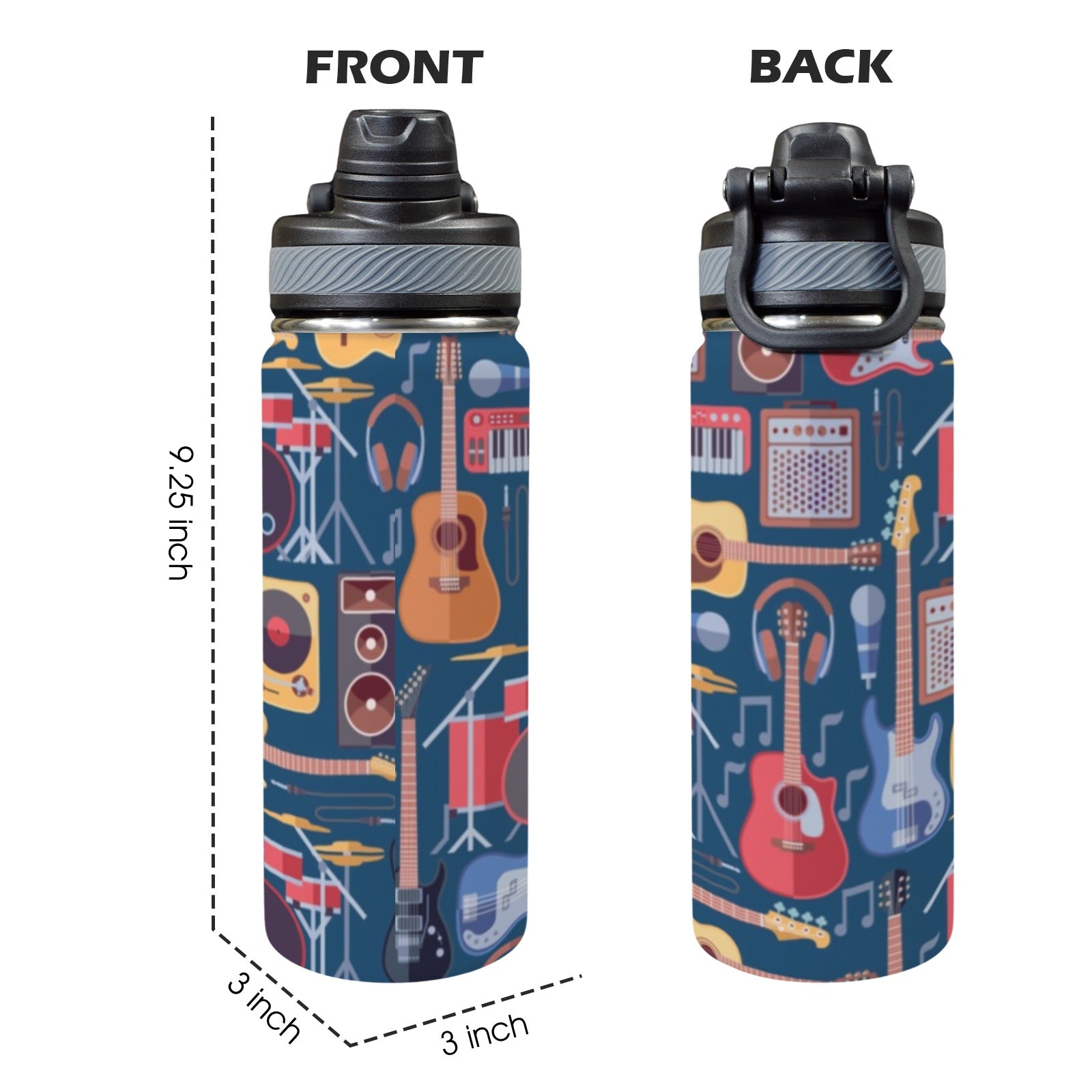 Music Instruments Blue - Insulated Water Bottle with Dual-Use Lid (18oz) Insulated Water Bottle with Dual-Use Lid (18oz) Music Printed Offshore