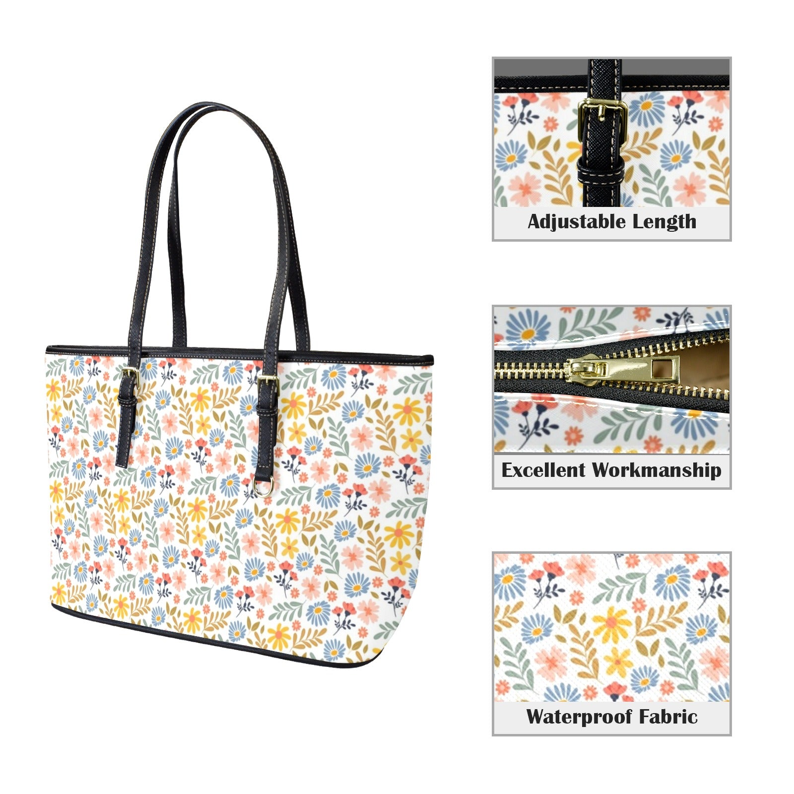 Boho Flowers And Leaves - PU Leather Tote Bag - Large