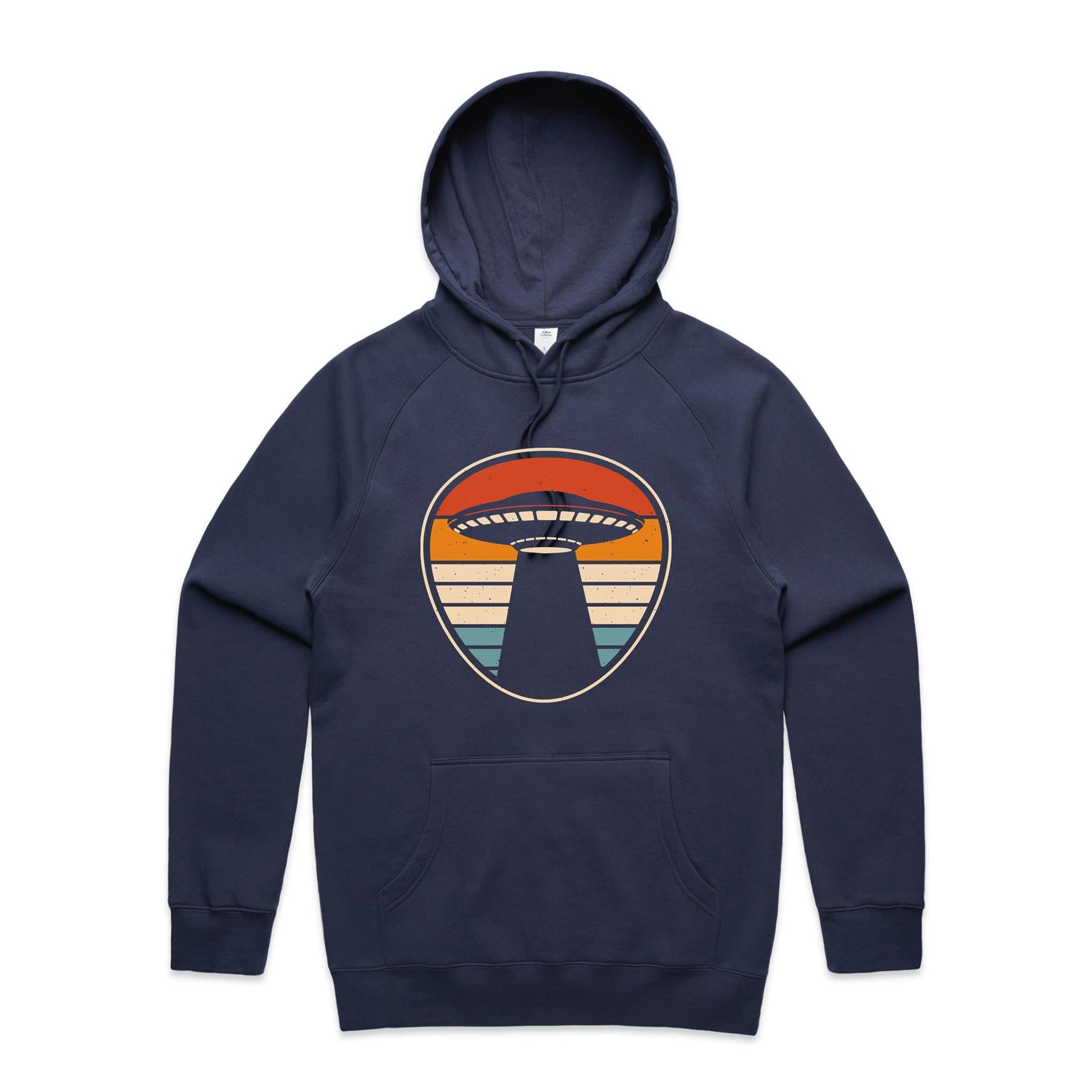 UFO, Retro Stripes - Mens Hoodie Midnight Blue Mens Hoodie Printed In Australia Sci Fi