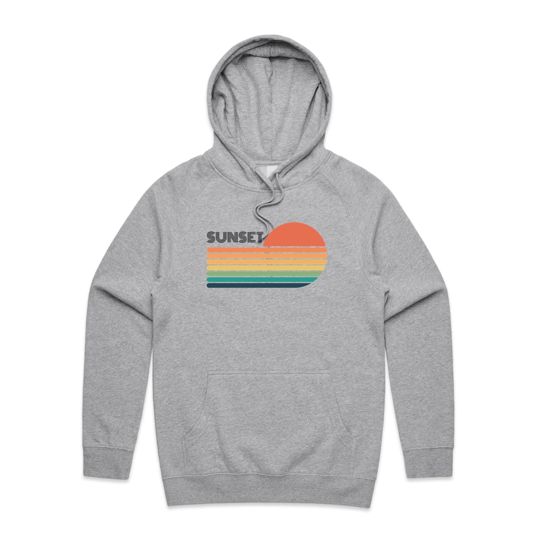 Retro Sunset - Mens Hoodie Grey Marle Mens Hoodie Printed In Australia Retro