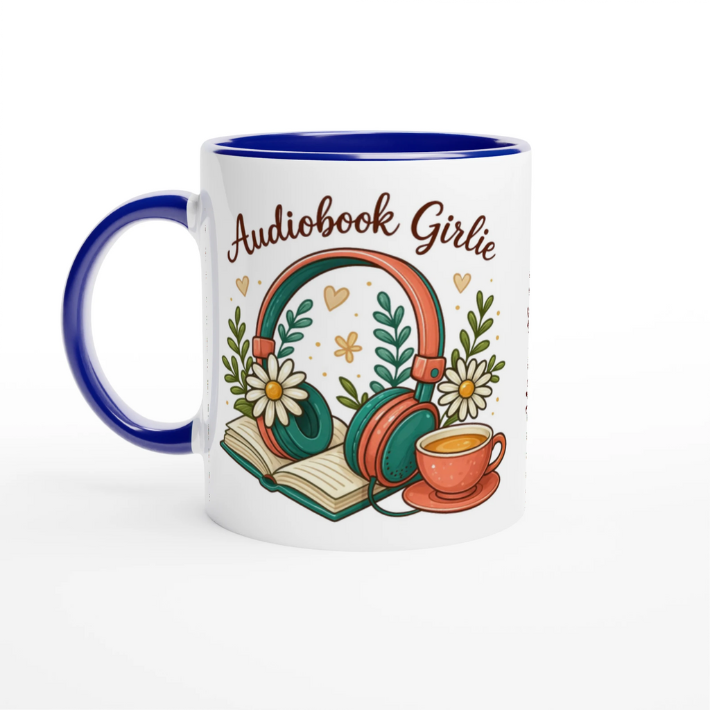 Personalised - Audiobook Girlie - White 11oz Ceramic Mug with Colour Inside Ceramic Blue Personalised 11oz Mug customise Globally Fulfilled personalise Reading