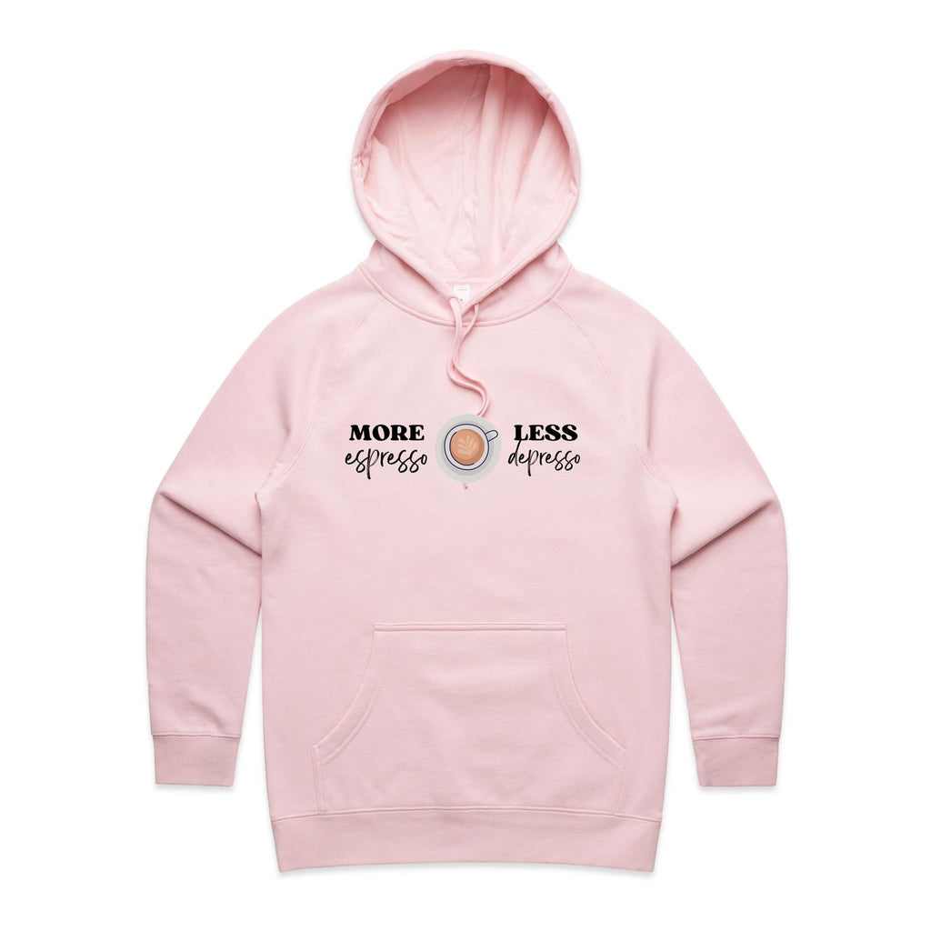 More Espresso, Less Depresso - Womens Hoodie Pink Womens Hoodie Coffee Printed In Australia