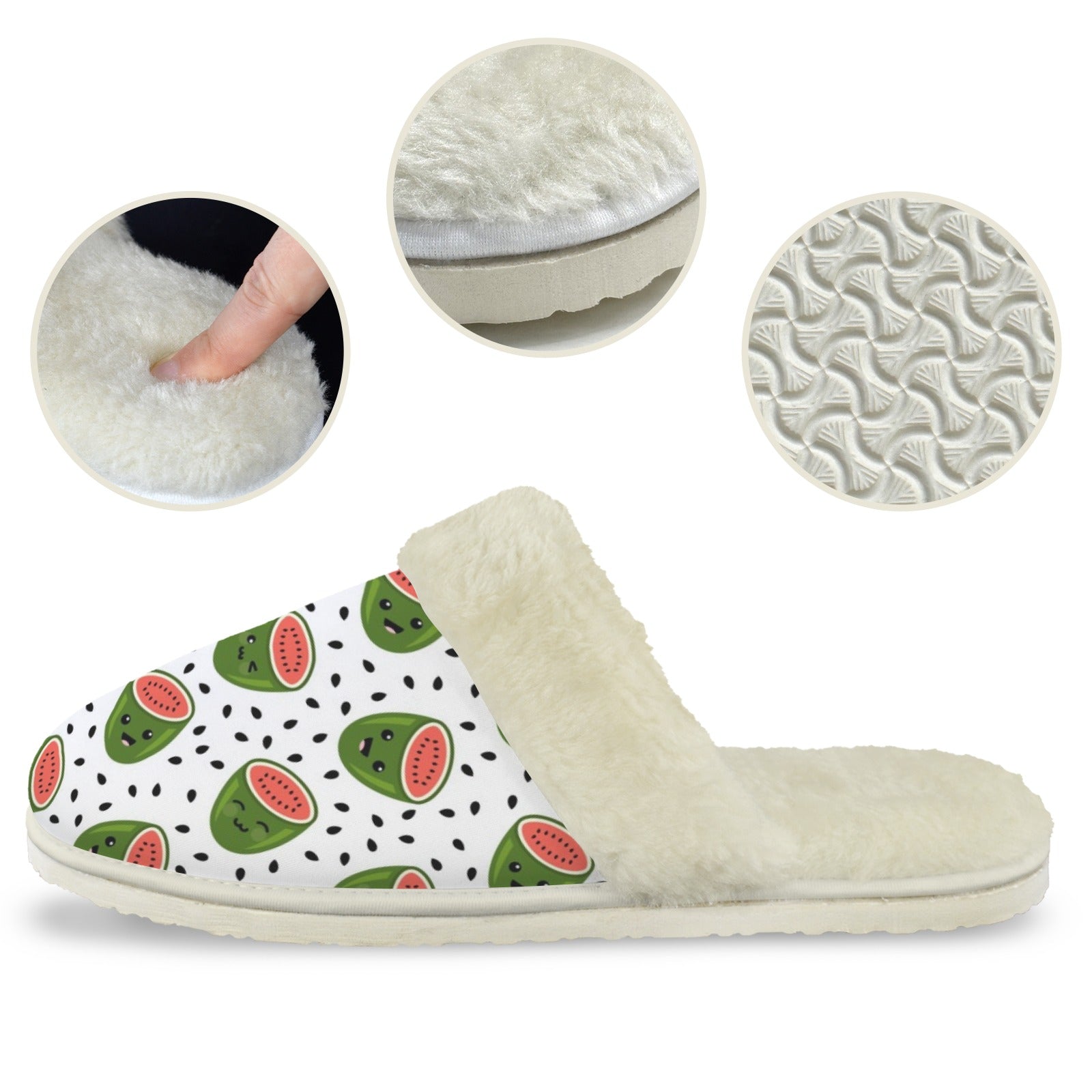 Happy Watermelons Men's Fur Trim Thick-Sole Indoor Slippers Men's Fur Trimmed Slippers Food Printed Offshore