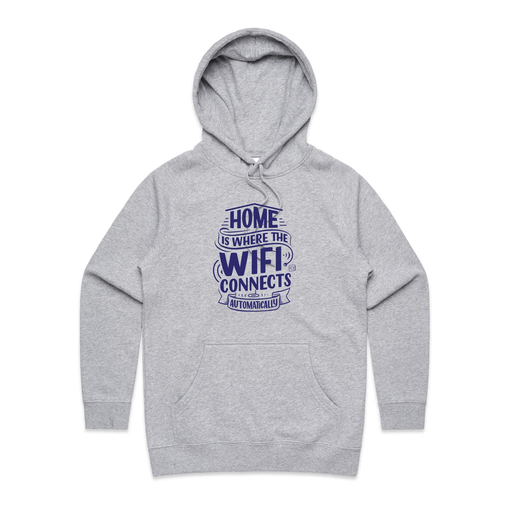 Home Is Where The WIFI Connects Automatically - Womens Hoodie Grey Marle Womens Hoodie Printed In Australia Tech