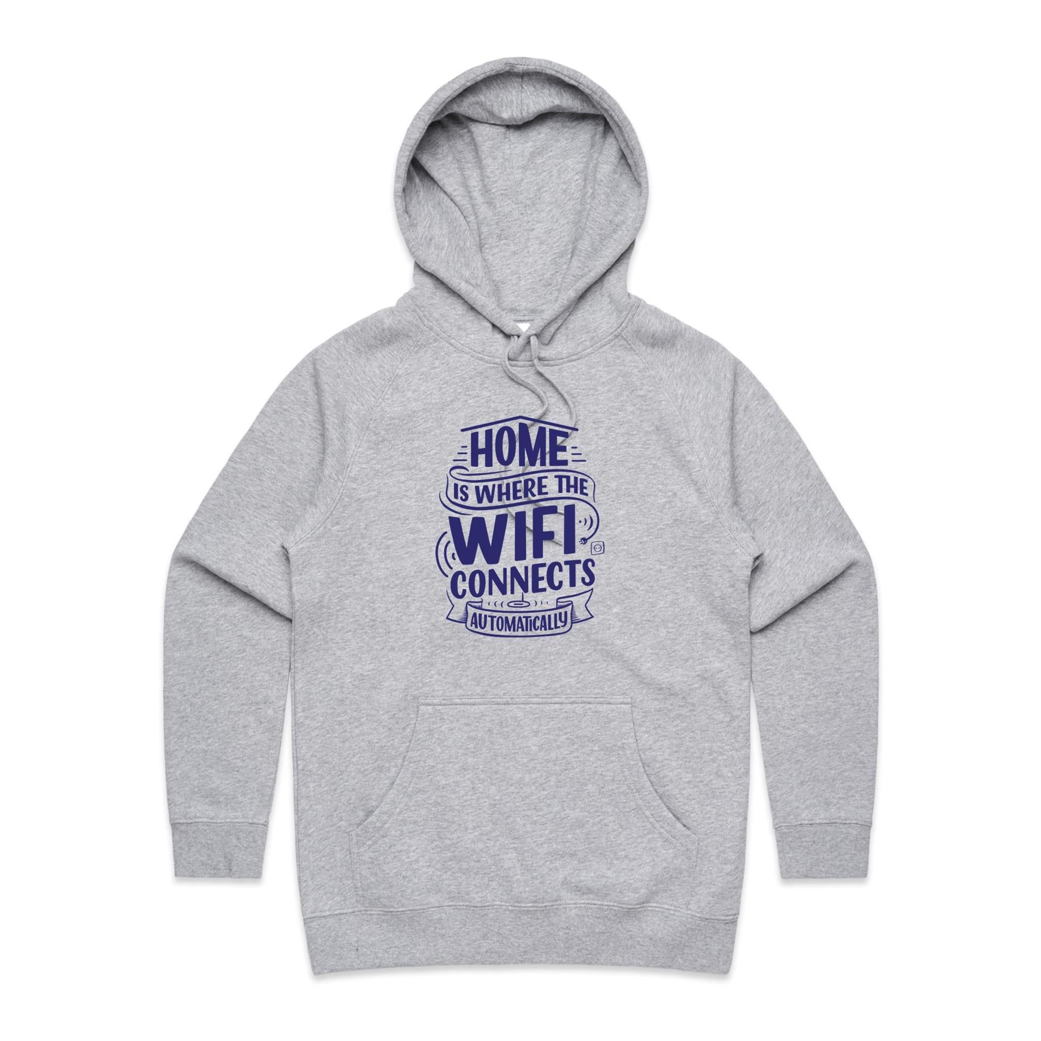 Home Is Where The WIFI Connects Automatically - Womens Hoodie Grey Marle Womens Hoodie Printed In Australia Tech