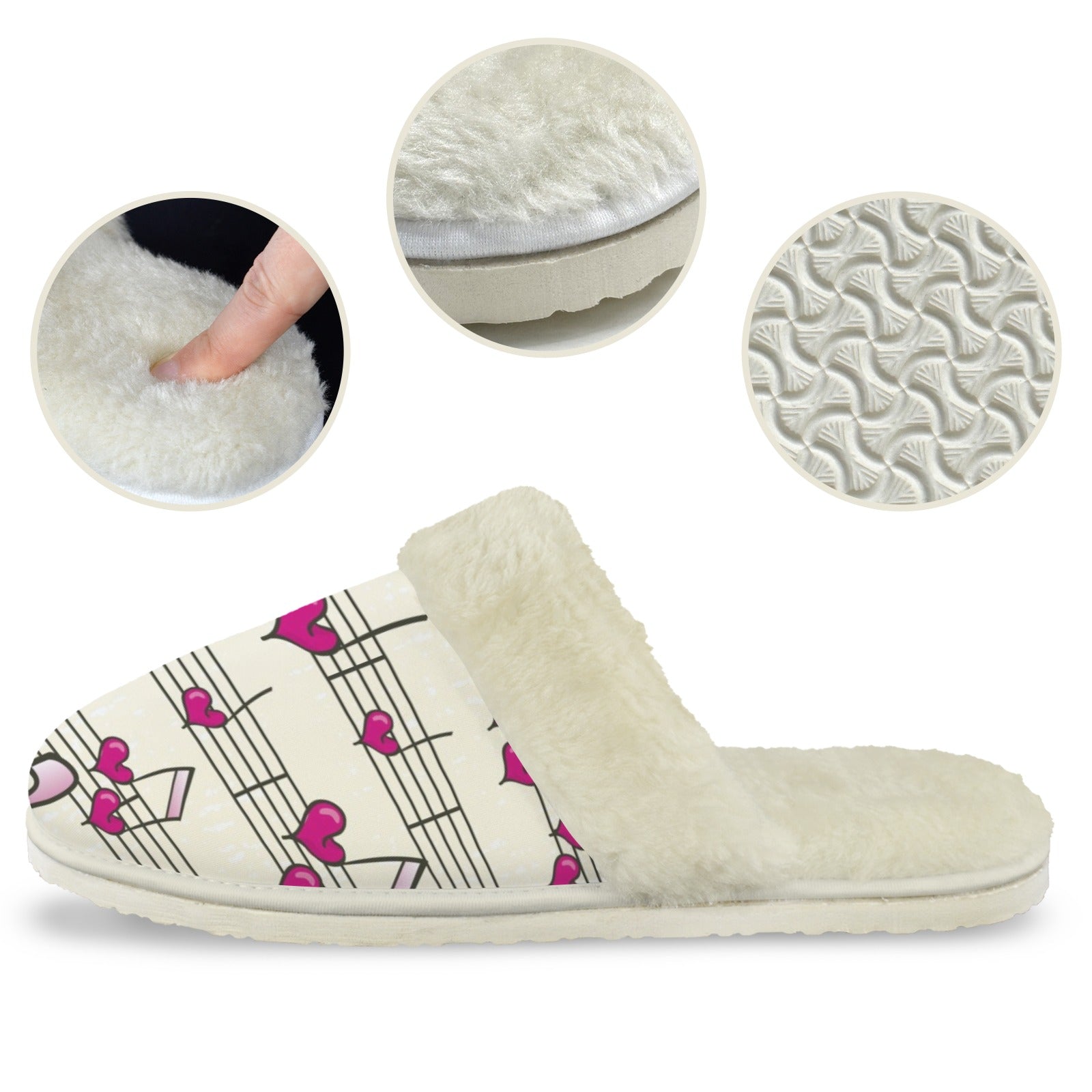 Pink Heart Music Notes Women's Fur Trim Thick-Sole Indoor Slippers Women's Fur Trimmed Slippers Music Printed Offshore