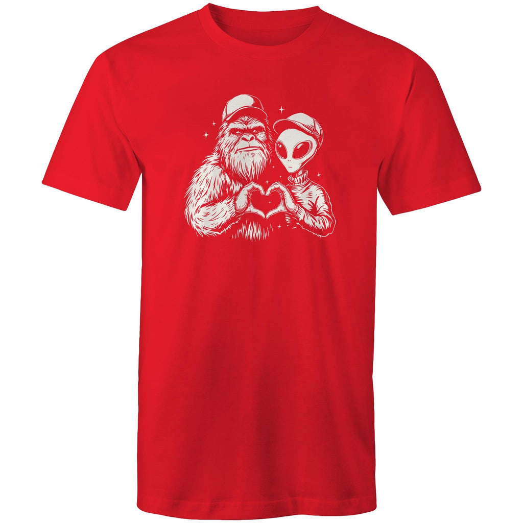 Alien Bigfoot Heart Hands - Mens T-Shirt Red Mens T-shirt Love Printed In Australia Sci Fi
