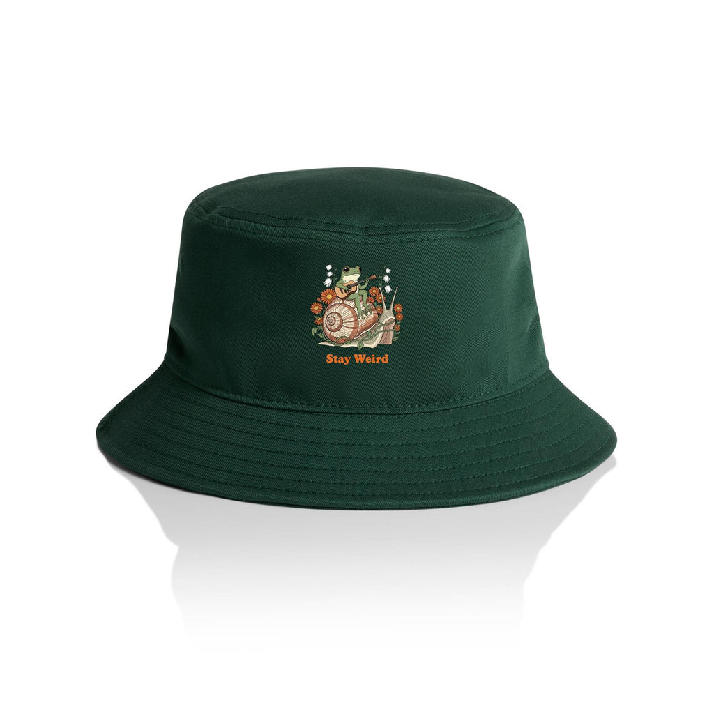 Stay Weird, Guitar Playing Frog On A Snail AS Colour Bucket Hat Forest Green One Size As Colour Bucket Hat animal Music Printed In Australia