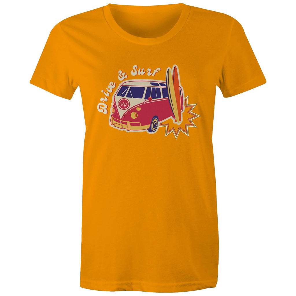 Drive And Surf - Womens T-shirt Orange Womens T-shirt Printed In Australia Summer Surf