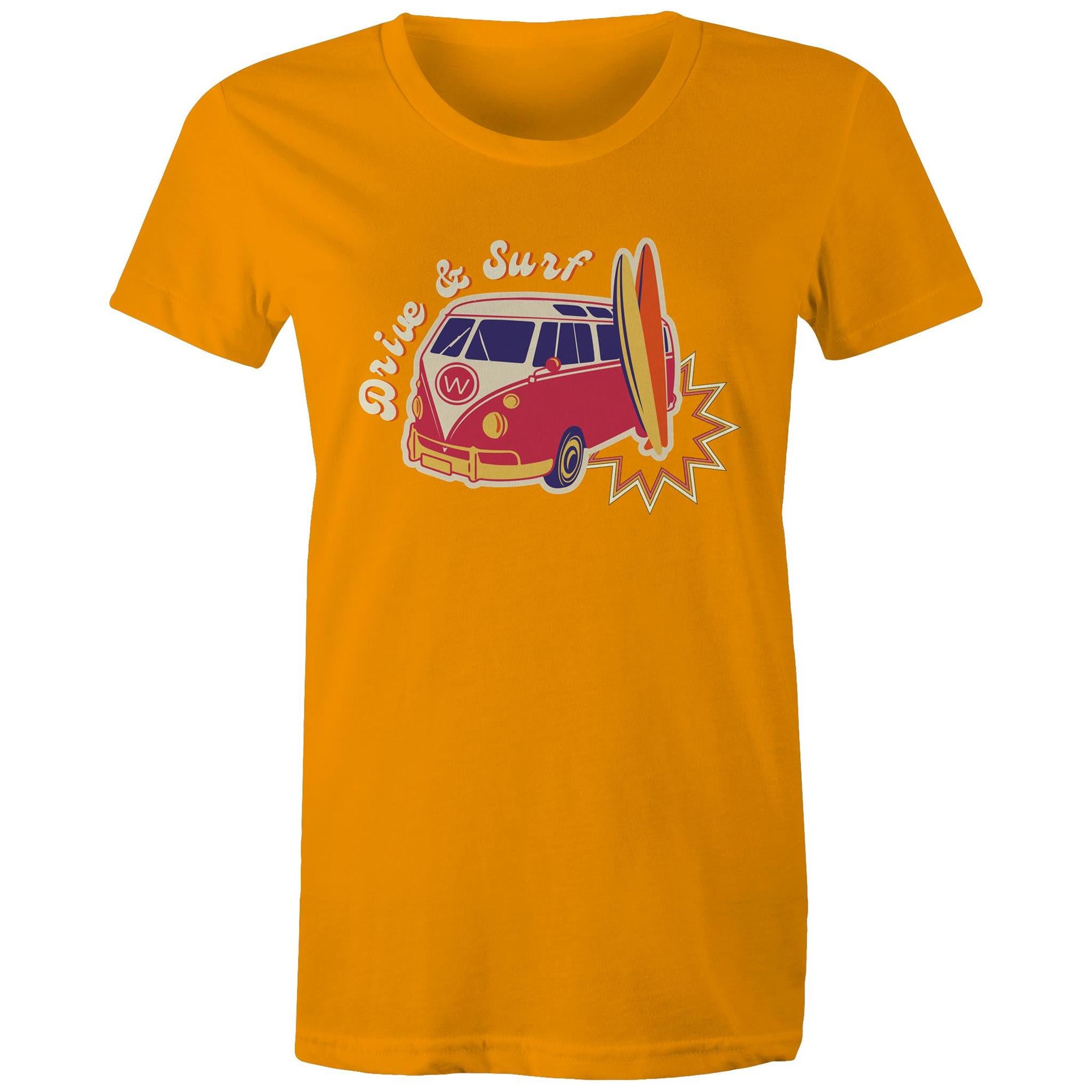 Drive And Surf - Womens T-shirt Orange Womens T-shirt Printed In Australia Summer Surf