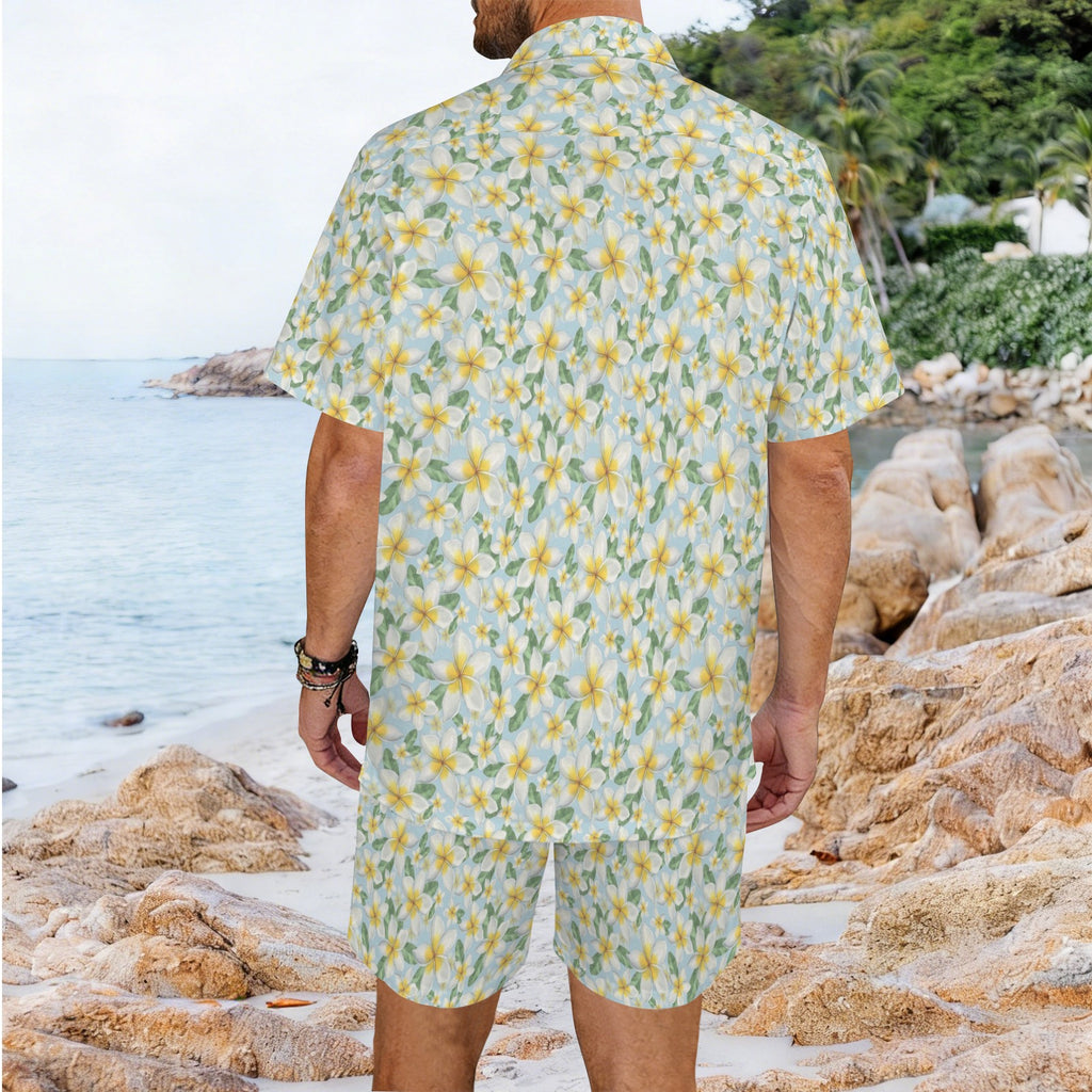 Delicate Frangipani Men's Hawaiian Shirt & Shorts Set Men's Hawaiian Shirt & Shorts Set Plants Printed Offshore