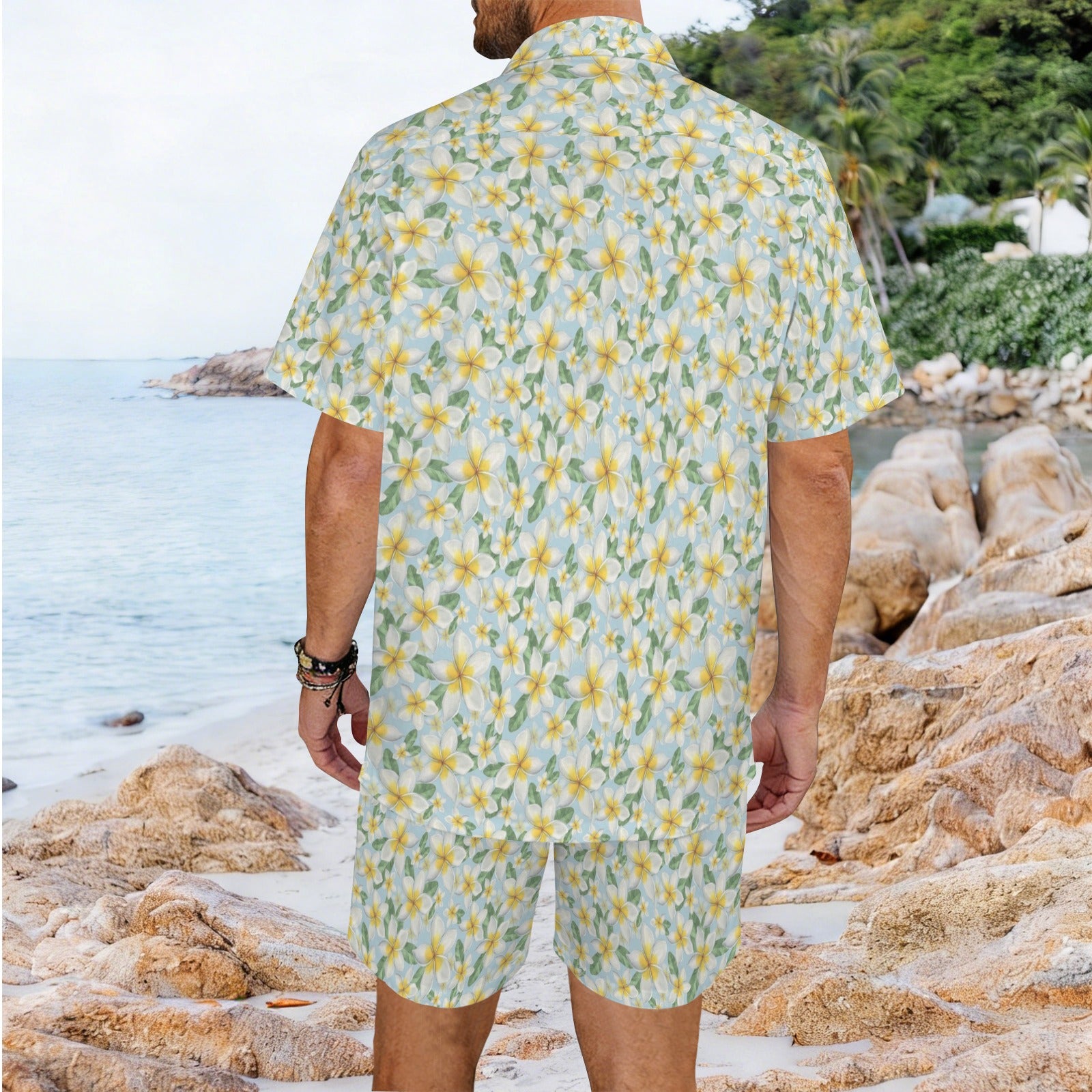 Delicate Frangipani Men's Hawaiian Shirt & Shorts Set Men's Hawaiian Shirt & Shorts Set Plants Printed Offshore