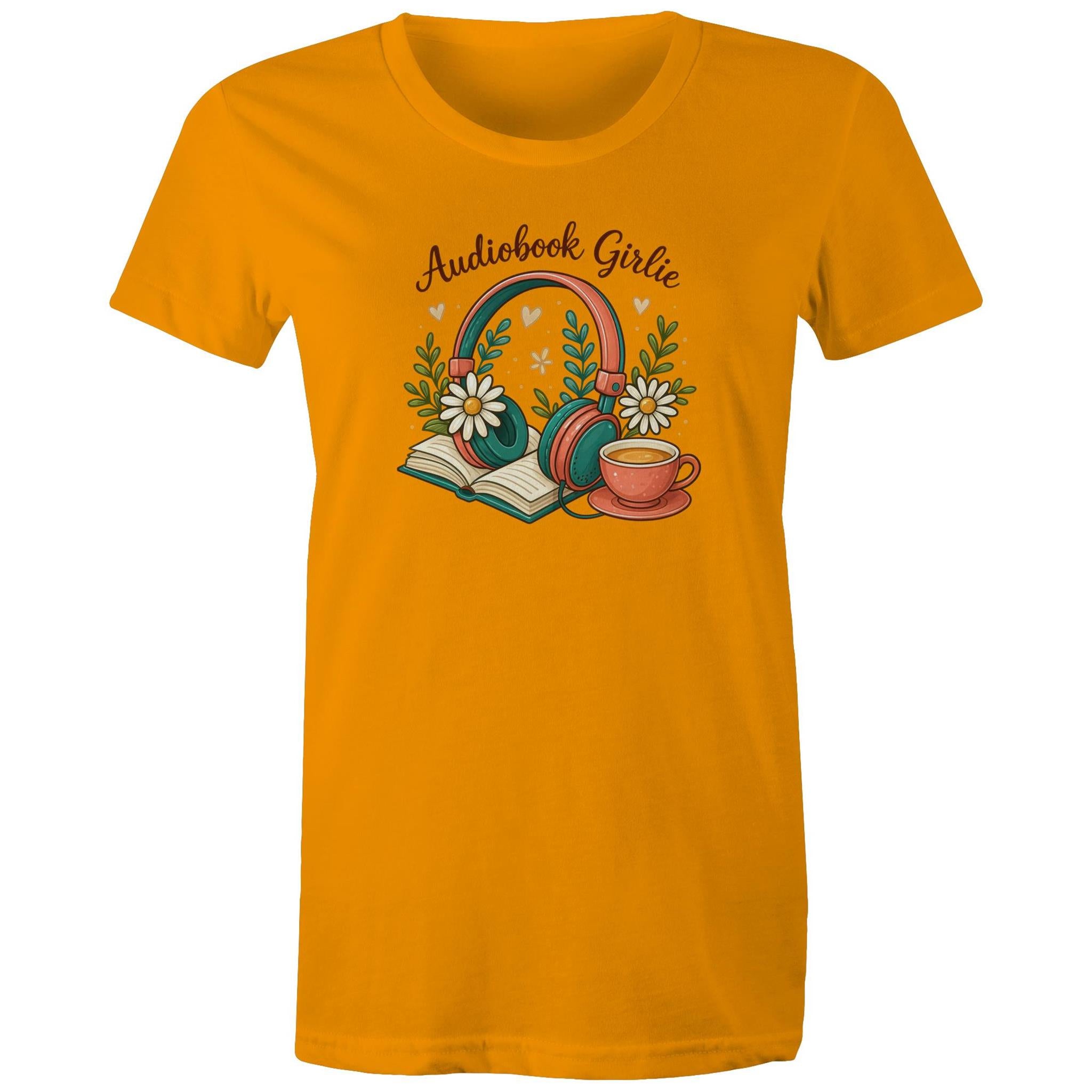 Audiobook Girlie - Womens T-shirt Orange Womens T-shirt Printed In Australia Reading
