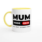 Mum Mode On - White 11oz Ceramic Mug with Colour Inside Ceramic Yellow Colour 11oz Mug Globally Fulfilled Mum