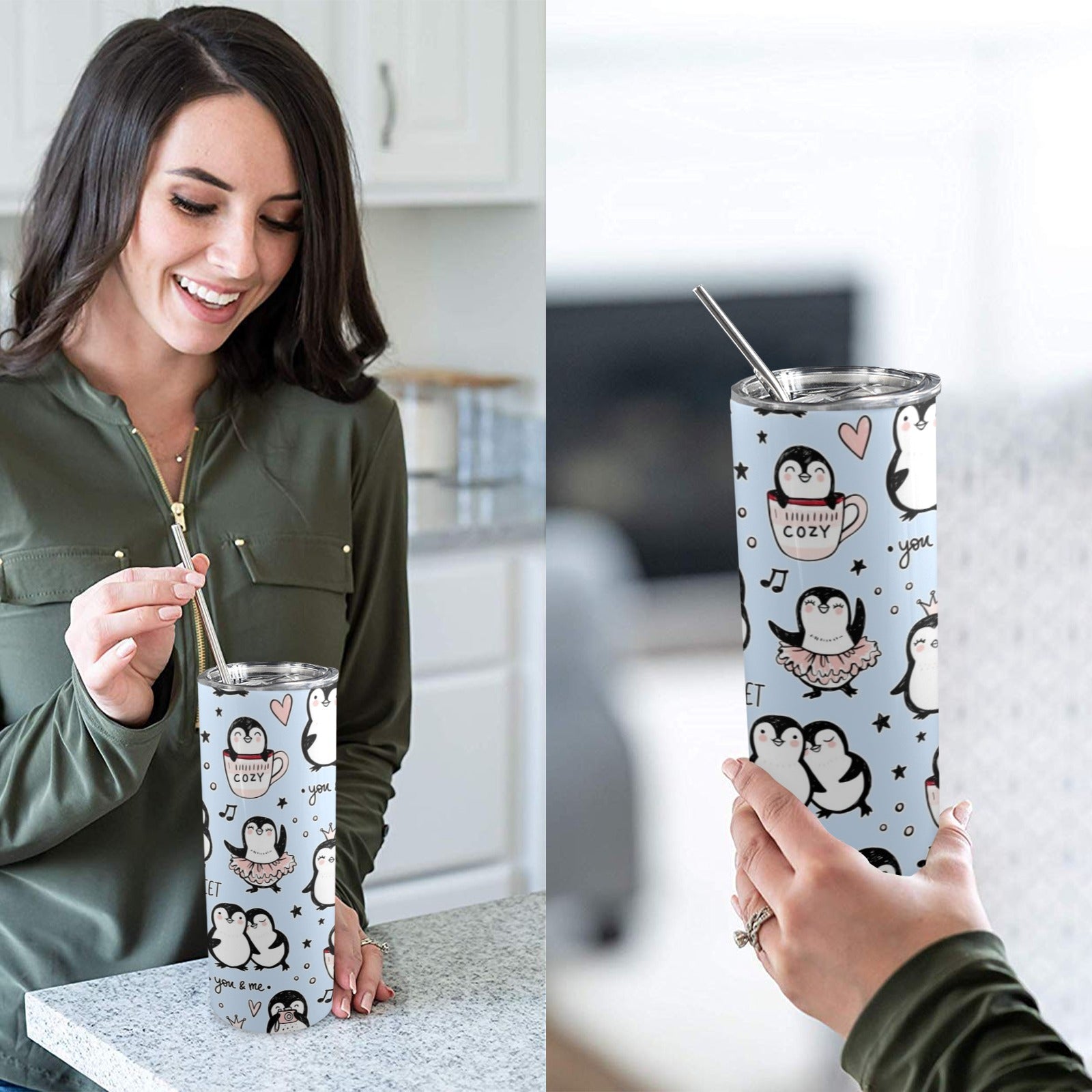 Penguin Love - 20oz Tall Skinny Tumbler with Lid and Straw