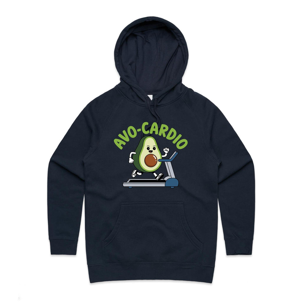 Avo-Cardio, Avocado Treadmill - Womens Hoodie Navy Womens Hoodie Fitness Food Printed In Australia